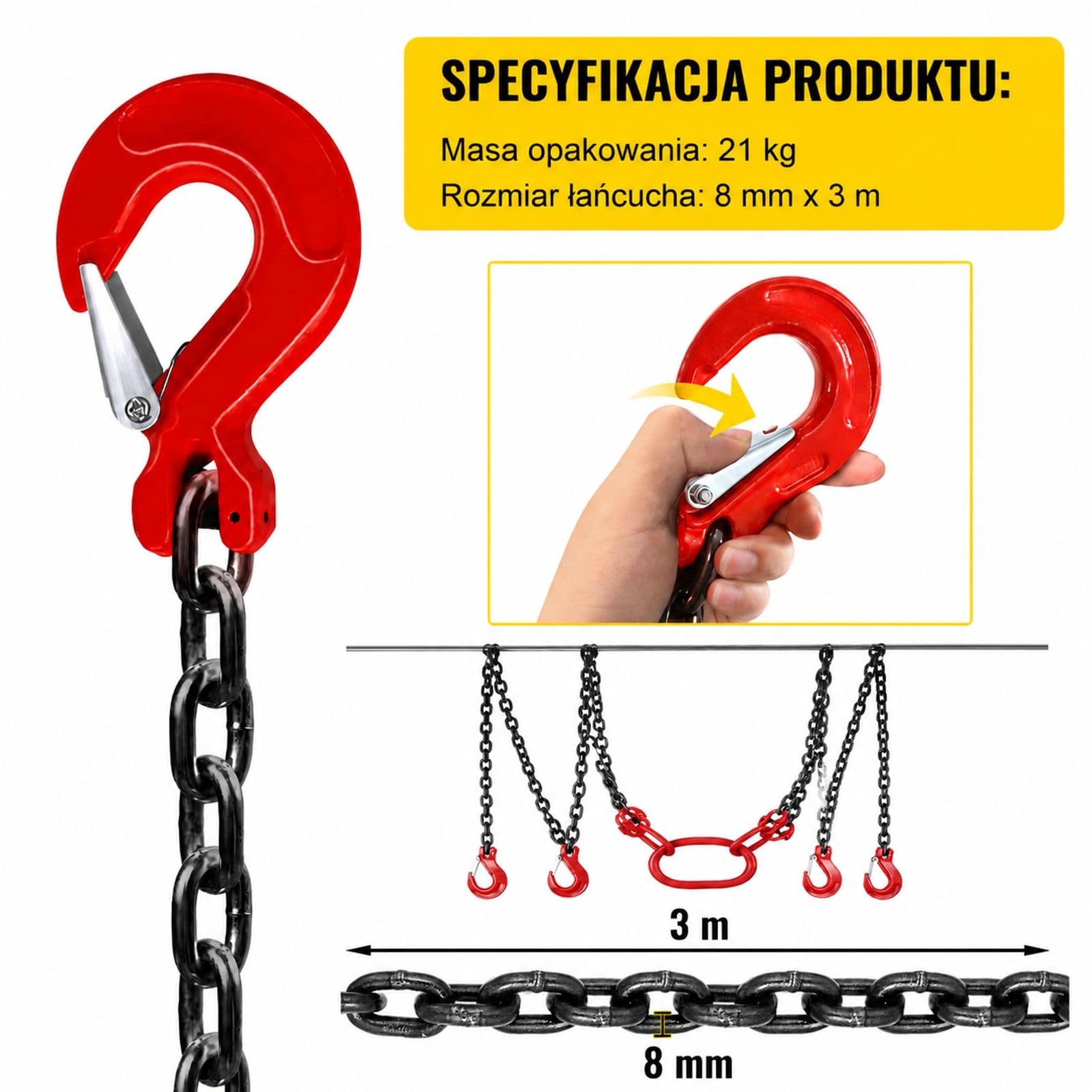 Zawiesie łańcuchowe z 4 cięgnami i hakami do podnoszenia oraz prac magazynowych