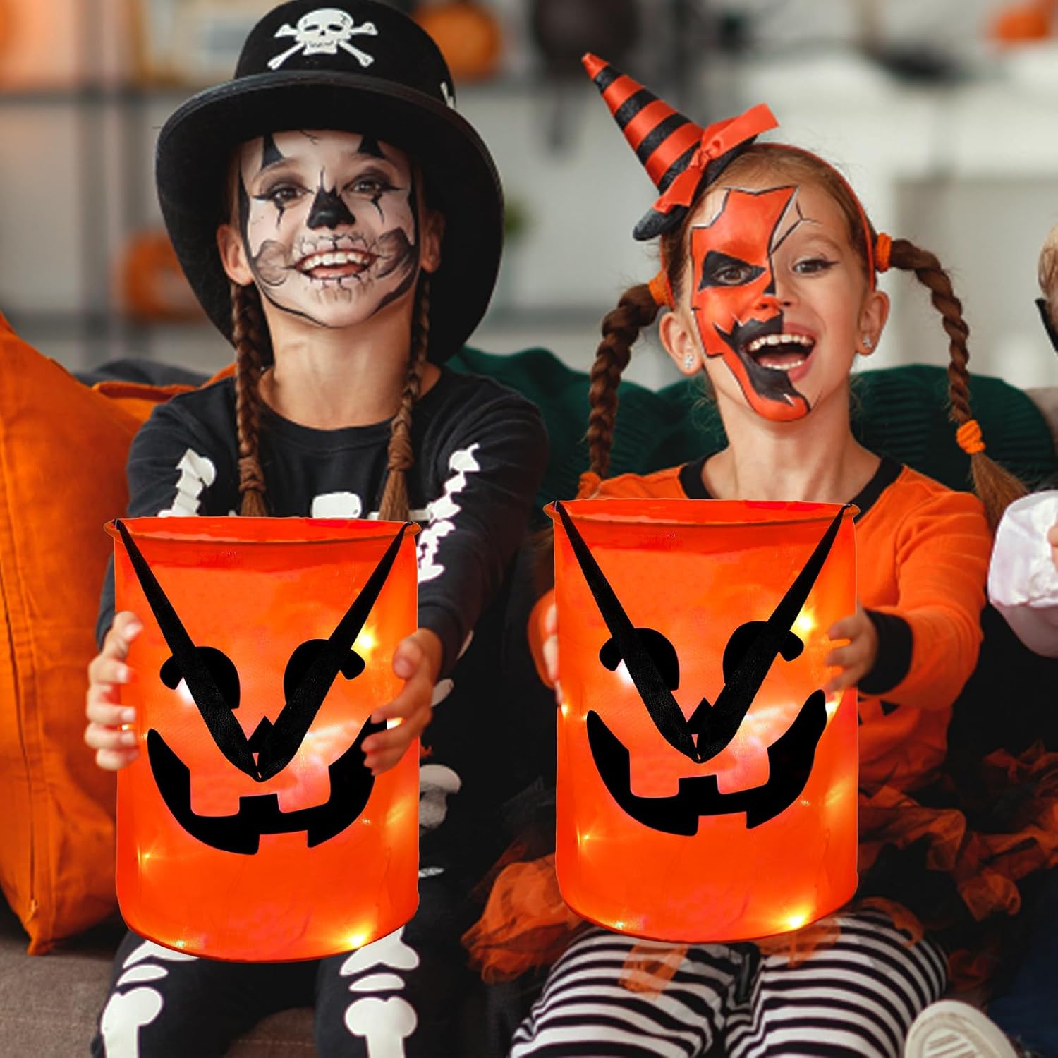 CCINEE 3 Pcs LED Light Halloween Candy Bags, Light Up Multipurpose Halloween Trick or Treat Bucket with Pumpkin Smile Face for Halloween Party Favors Goodie Bags,Orange