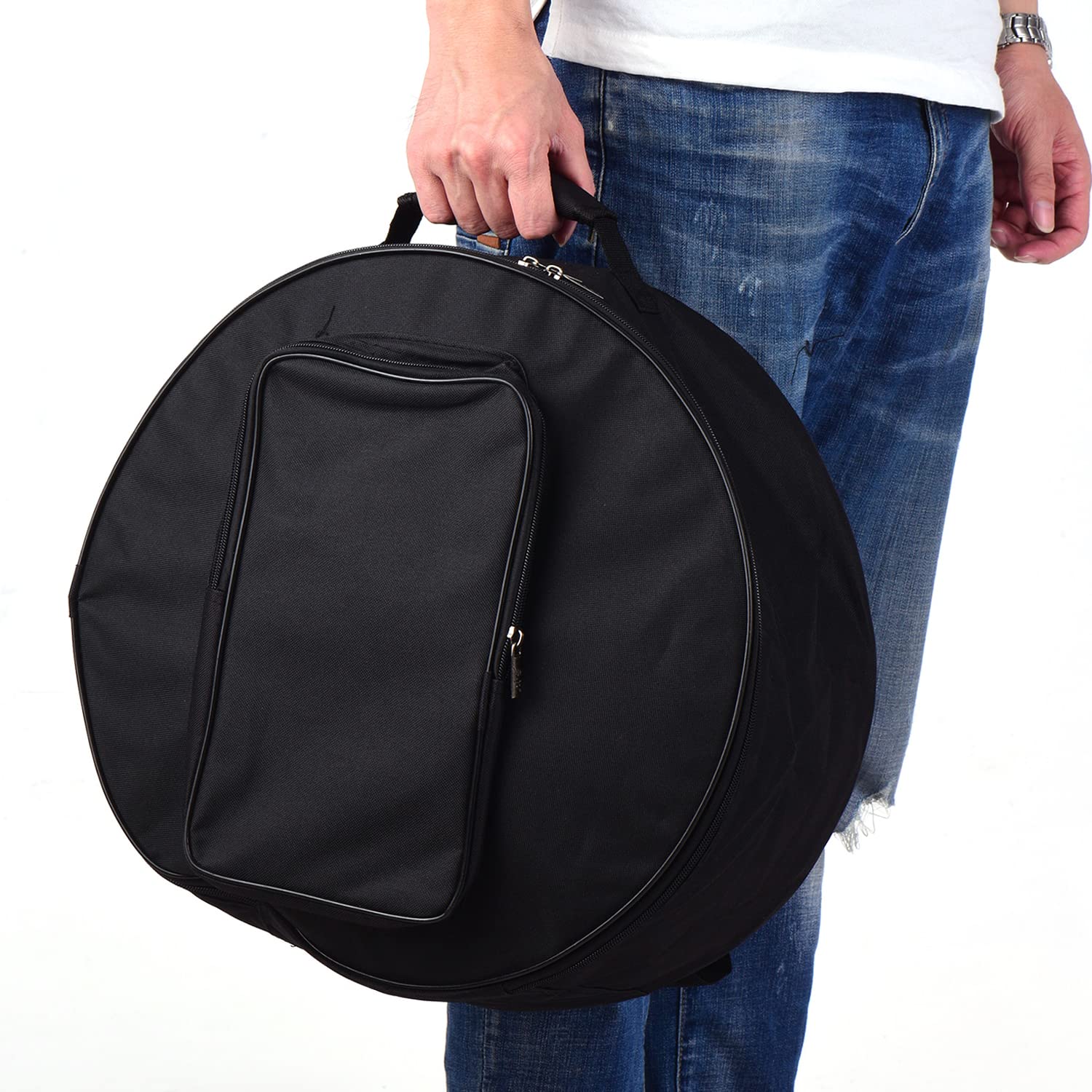SEAFRONT Case de Mochila de Tambor Negro, Bolsa de Batería de 14 Pulgadas con Tela de Nylon Correa de Hombro, Bolsillos Exteriores para Palitos de Batería Libro de Música Protectora (Black)