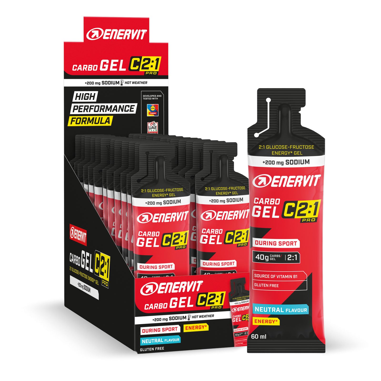 Enervit, Carbo Gel C2:1PRO con Sodio, Gel Energetico 40g di Carboidrati, Per Attività ad Alta Intensità, +50% di Carboidrati Assorbiti, Gusto Neutral, Senza Glutine, Alta Digeribilità, 24 Pack da 60ml