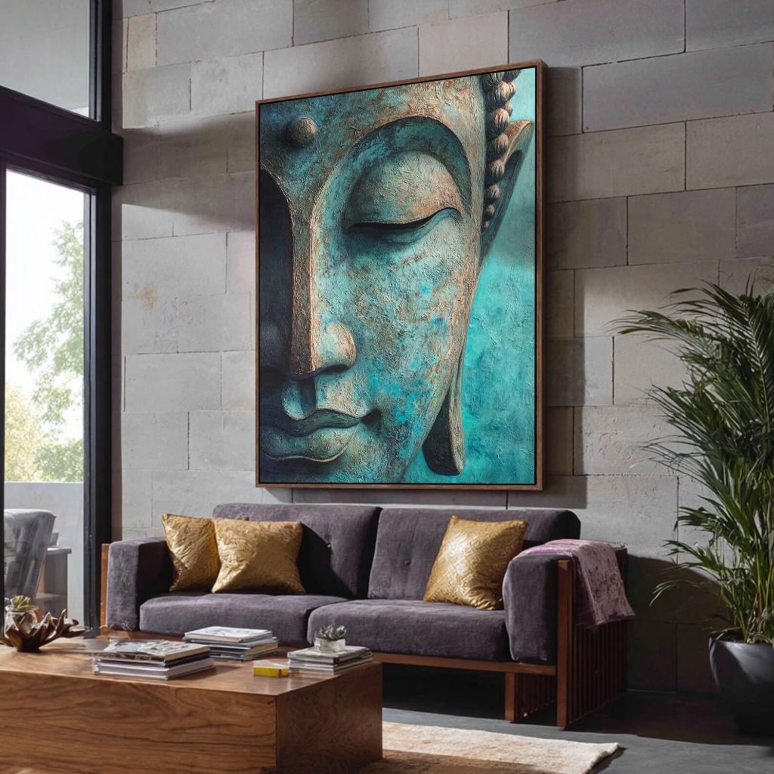 Large Buddha Art Work, Portrait Buddhism Painting, Spiritual Room Decor, Canvas Print For Yoga Canvas for Horizontal Bed(50x70cm/Inner Frame)
