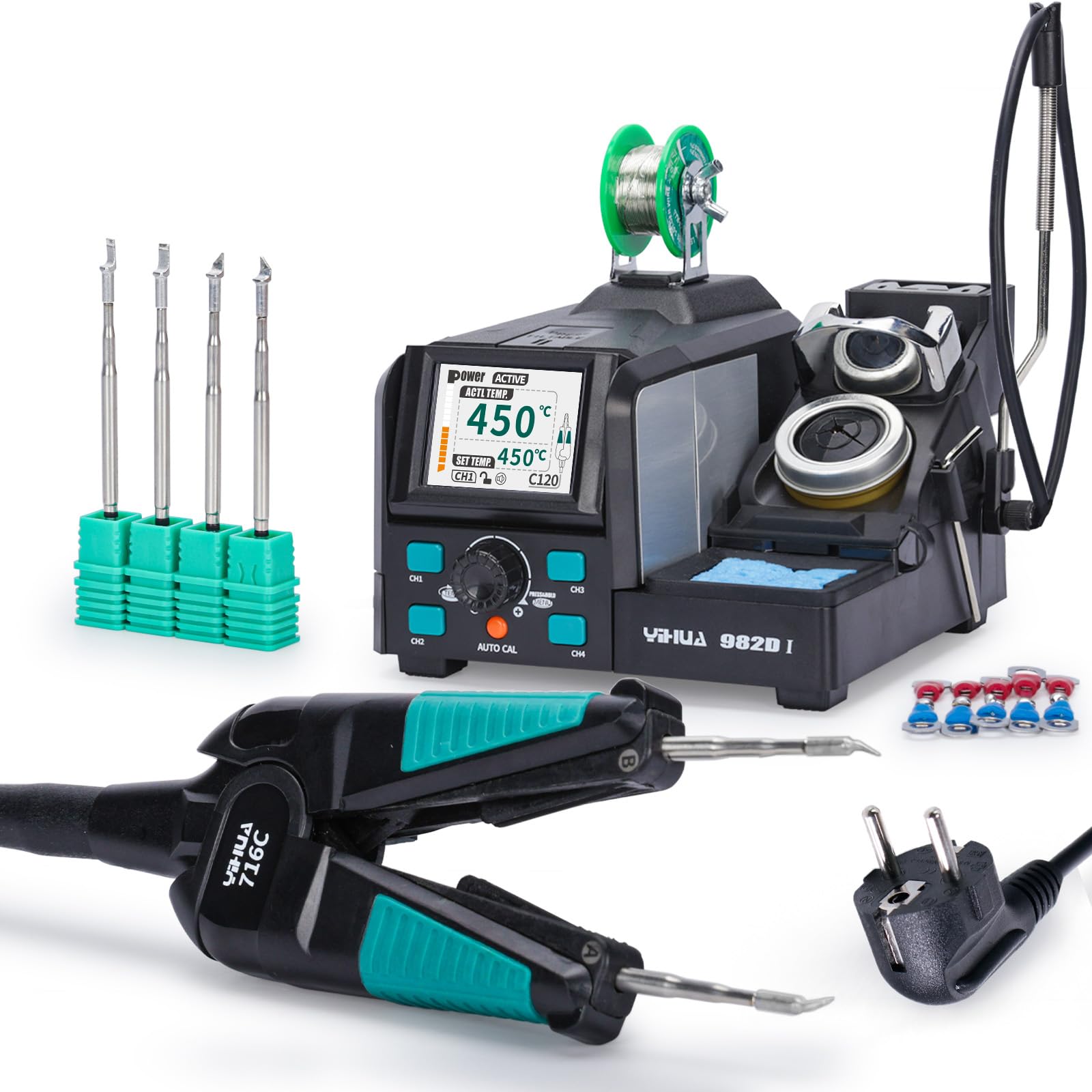YIHUA 982D-I Station de soudage à pinces chaudes de précision avec 4 pointes de soudure, fil de soudure sans plomb, poignée compatible YIHUA716C calibration automatique de la température, mode veille