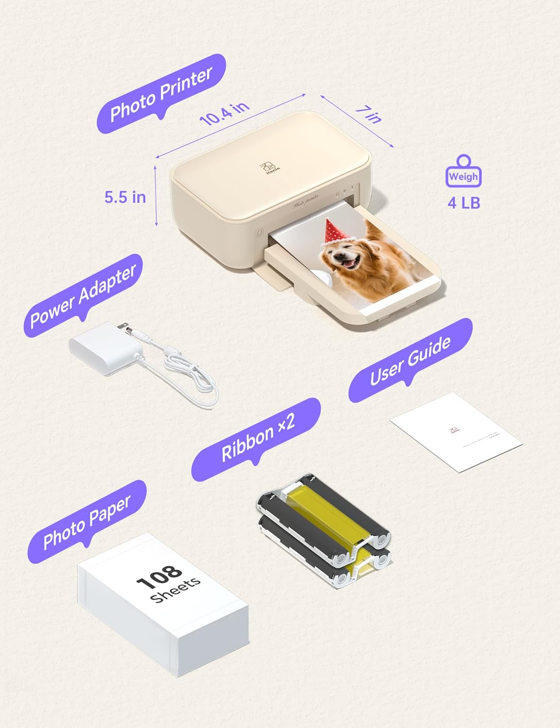 iDPRT 4x6 Photo Printer, CP4100 Photo Printer for iPhone & Android with 108 Sheets & 2 Cartridges, Wi-Fi Wireless Portable Picture Printer, Instant Print Photos, Dye Sublimation, Beige