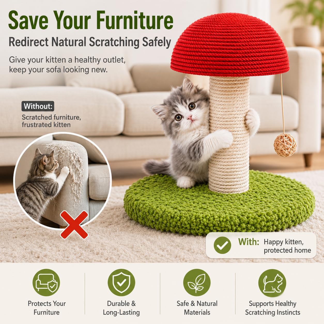 11" Aesthetic Mushroom Cat Scratching Post, Mini Cat Tree for Kittens | Cute Sisal Cat Scratcher with Interactive Hanging Ball Toy, Stable No-Shedding Couch Protector for Indoor Cats