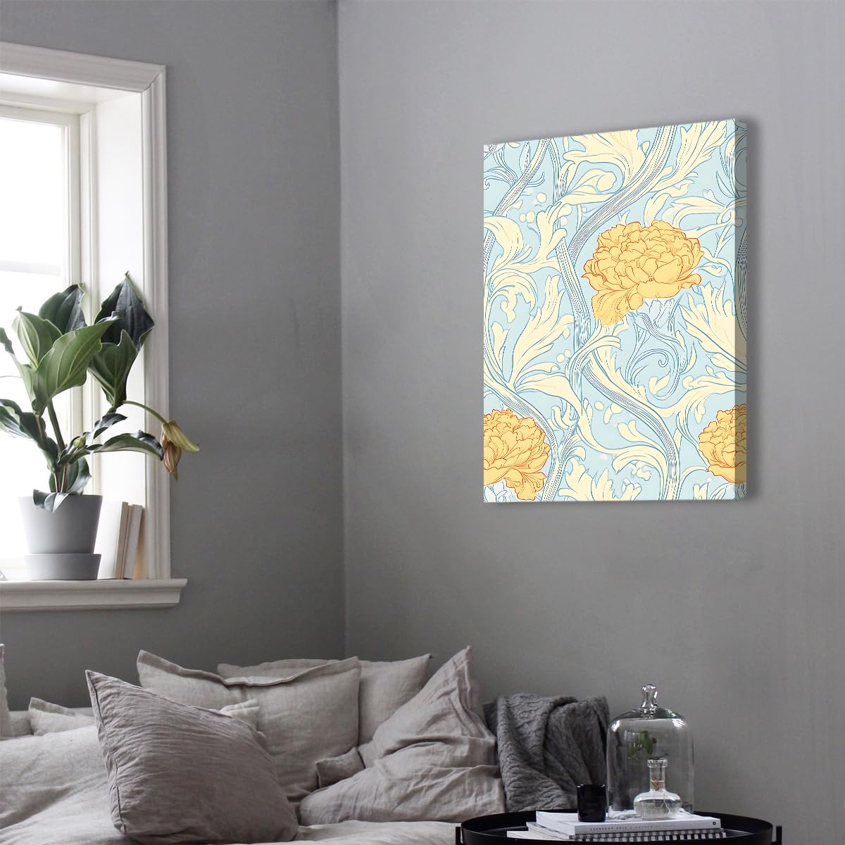 Via Vela Dibujo mural de lienzo Art Nouveau Peonía amarilla hoja de acanto hoja de acanto azul cartel pintura de arte imagen para estudio decoración de la habitación de invitados 90x120cm