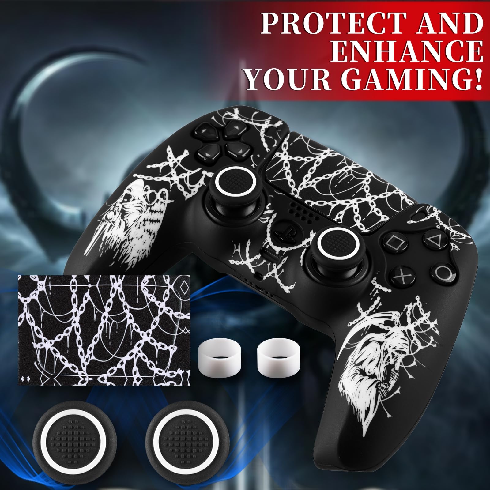Coque en silicone antidérapante pour manette PS5 avec 2 capuchons de joystick et 1 autocollant Michael et Reaper