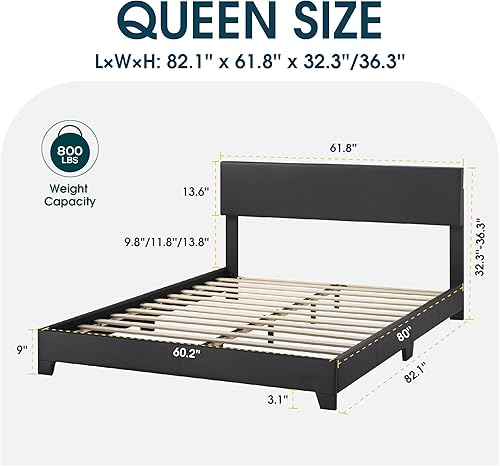 Miniatura 2 de WEEWAY Base de cama Queen tapizada con cabecera de piel sintética ajustable y listones de madera fuertes, base de colchón resistente, no necesita