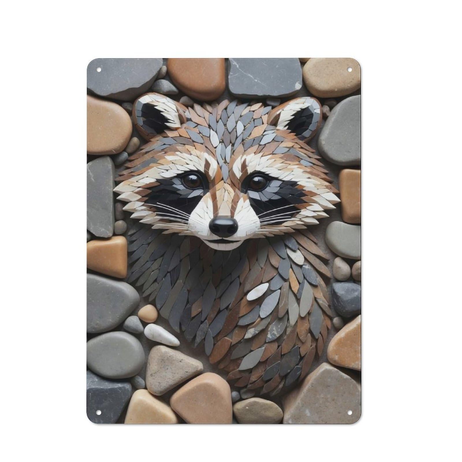 Junmoney Style-22 Old Style Raccoon Mosaic Art With Stone Border Metal Sign 40X30cm, Bar Wall Plaque For Diner, Restaurant, Shed Or Kitchen