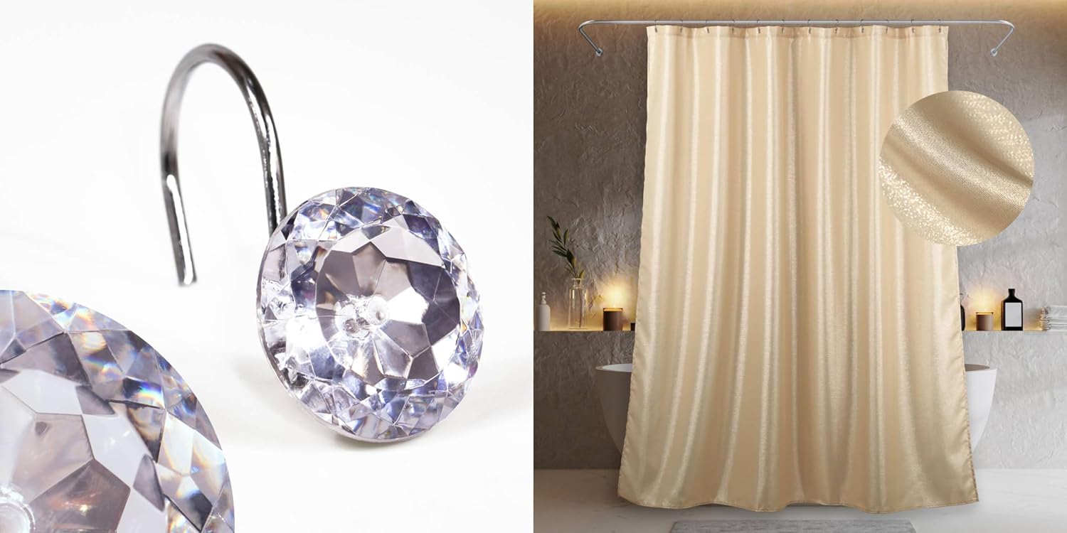 Champagne Gold Long Shower Curtain & Crystal Round Hooks- 72x96 Waterproof Washable Linen Style Fabric Shower Curtain - 12 PCS Rust Proof Metal Shower Curtain Rings (2 Item Bundle)