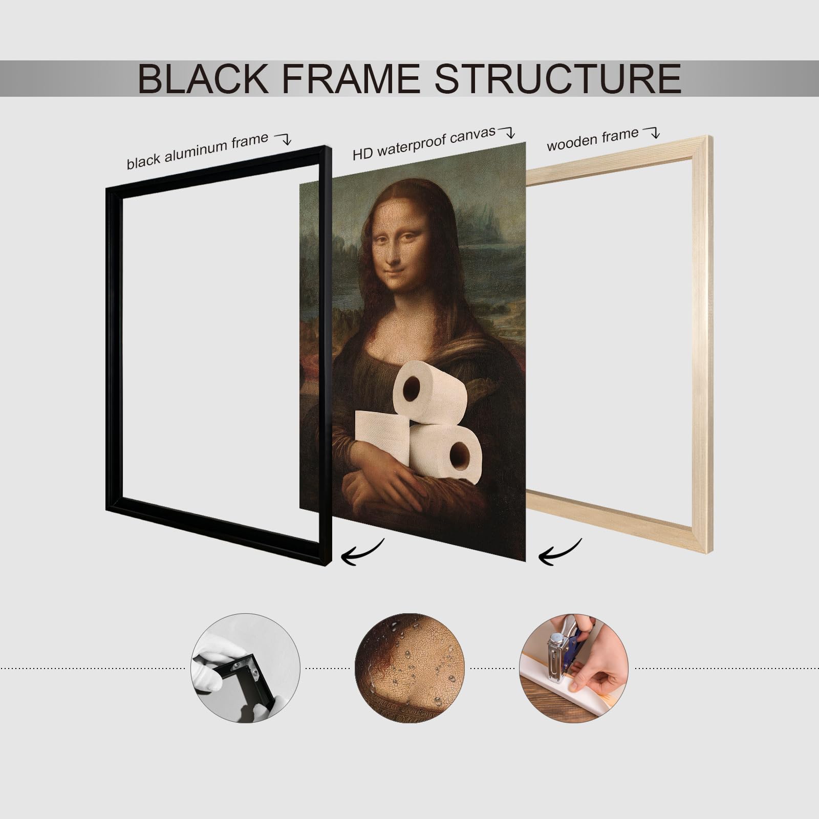 Anslipswar Funnyl Dipinto della Mona Lisa Arte da Parete su Tela per Bagno, Stampe Artistiche Umoristiche e Divertenti per WC, 30,5x40,6cm Incorniciato