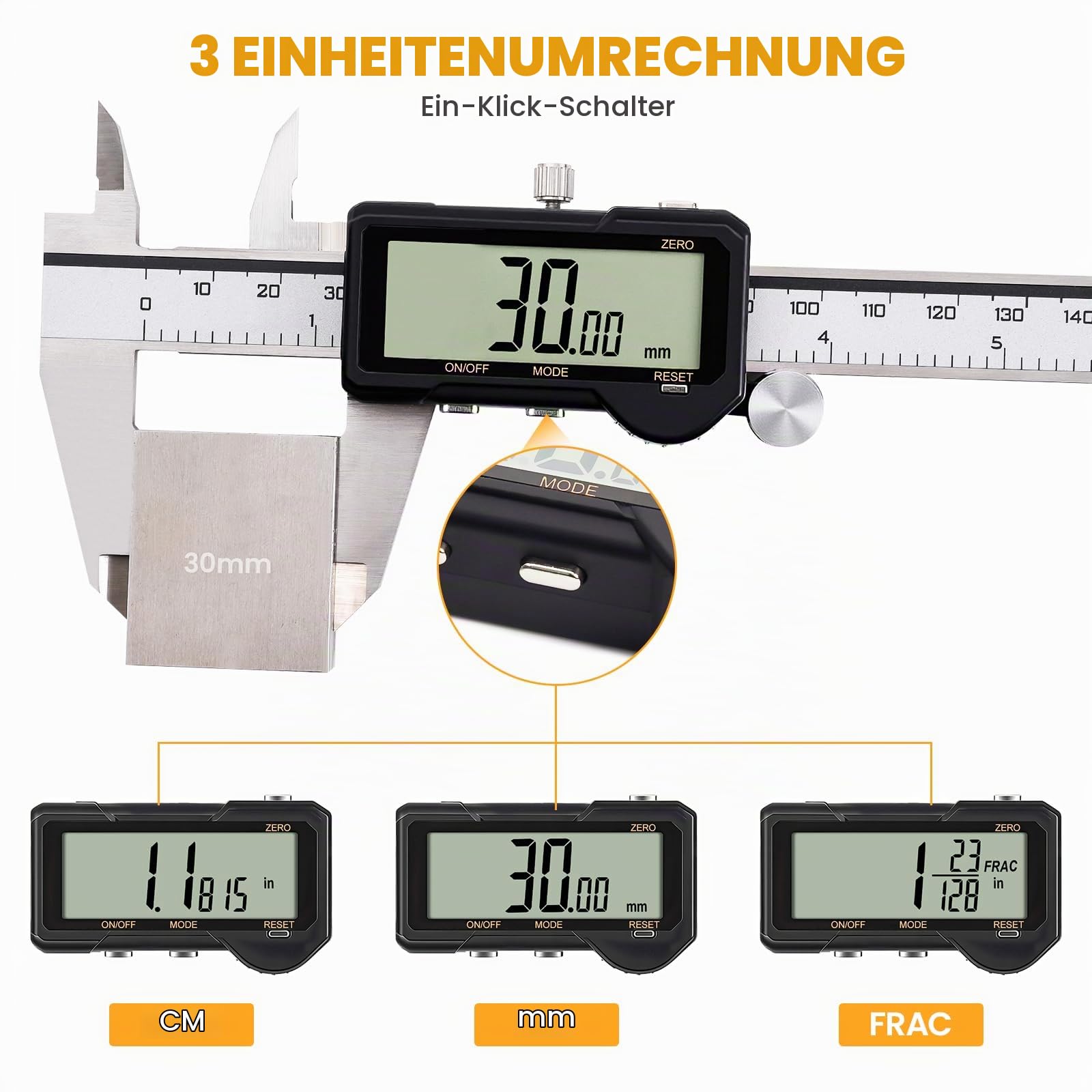 HARDELL Digitaler Messschieber 150 mm wiederaufladbar, LCD Display mit Reset-Funktion, Edelstahl, mm/Zoll/Bruch umschaltbar, Auto-Off, für Heimwerker, Hausgebrauch & 3D-Druck