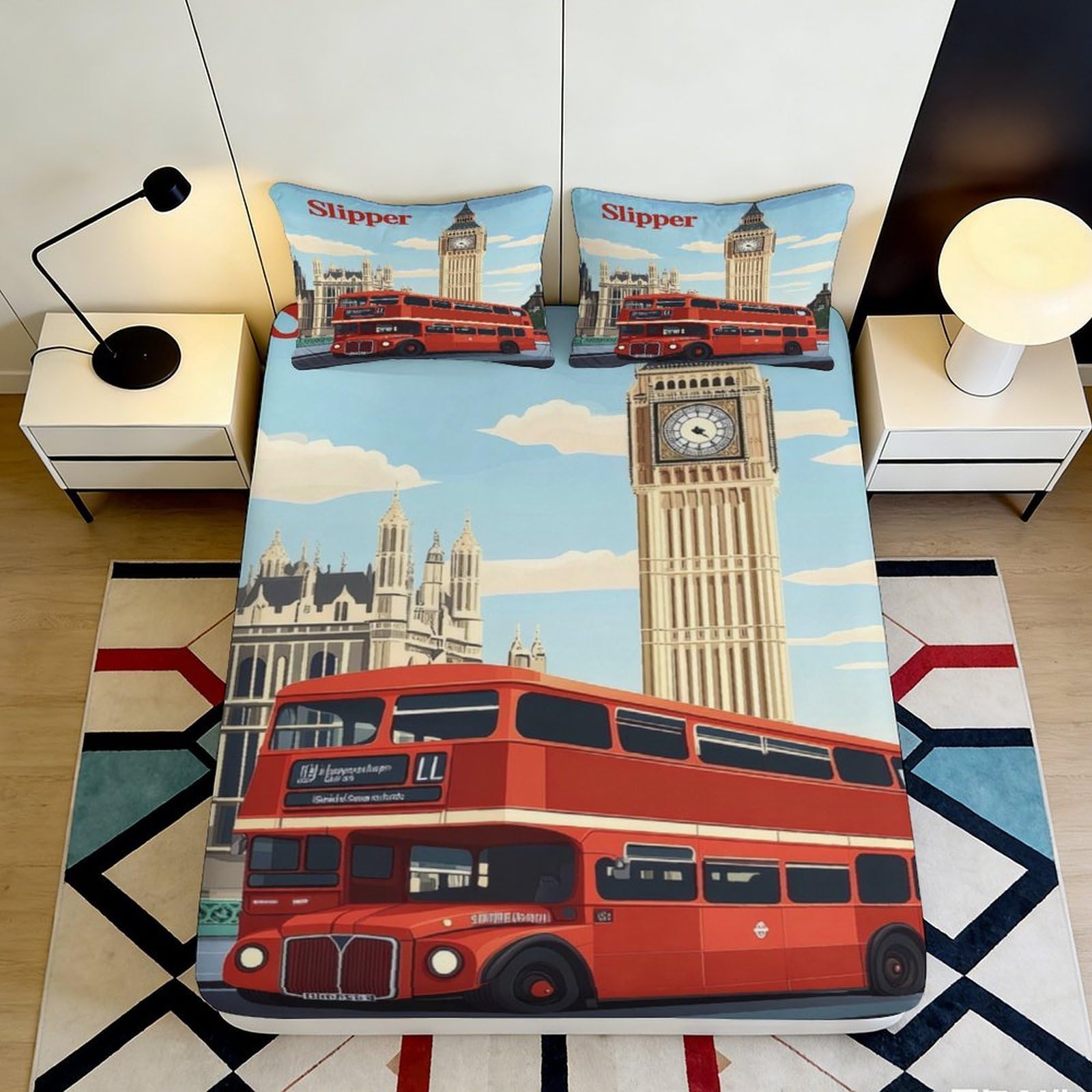 3D Printed London Bus Fitted Sheet Microfiber Soft Breathable Big Ben Bed Cover for Bedroom Guest Room Decor 90x200x25cm