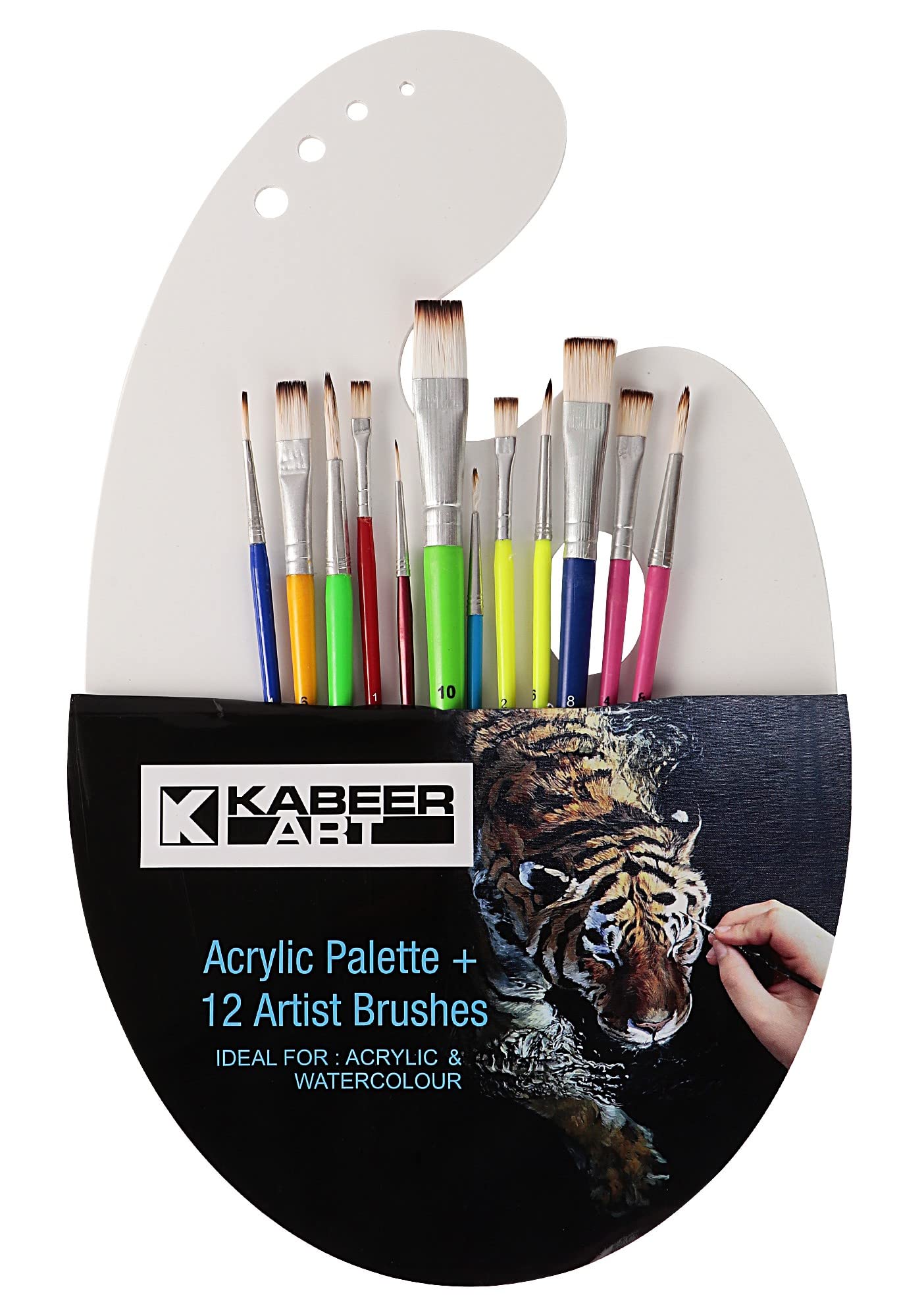 Kabeer Art 12pc Synthetic Paintbrush Set with Acrylic Painting Palette for Watercolor and Acrylic Painting