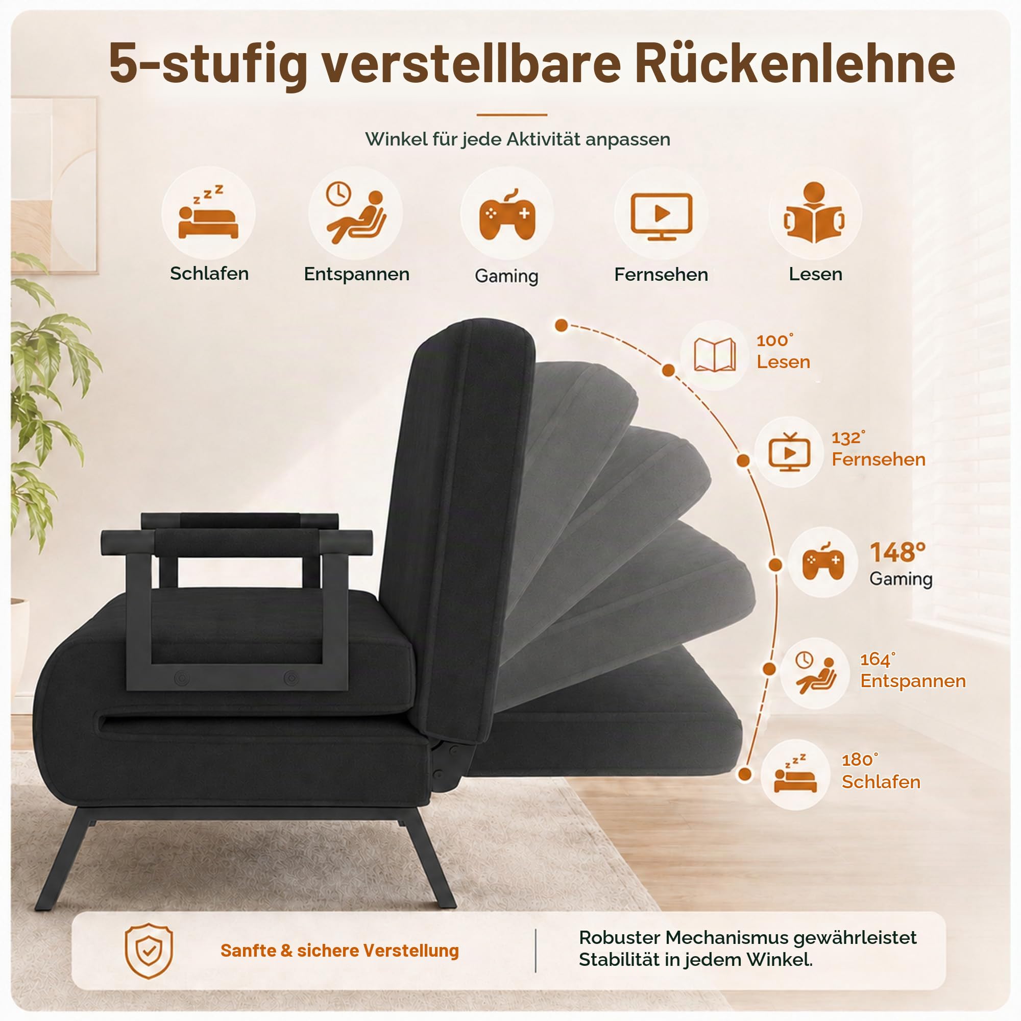 2-in-1-Schlafsofa mit Armlehnen – Bettfunktion – Verstellbare Rückenlehne – Inklusive Kissen – Bis zu 200 kg – Klappstuhl, Liegesessel, Schlafsofa, Klappbett, Gästebett, Wohnzimmer, Schwarz