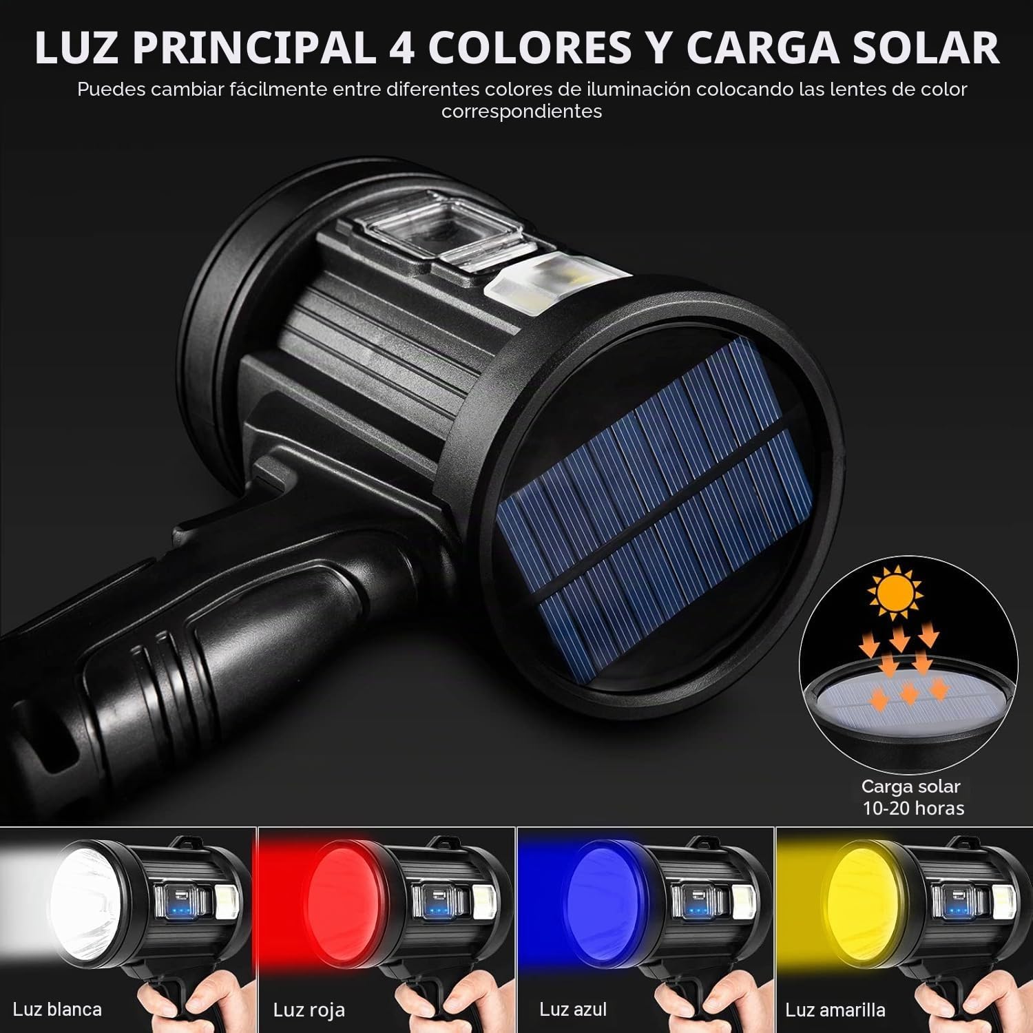 MIXILIN Foco recargable, 2.000.000 lúmenes, linterna de caza de mano, luz LED con luz de mazorca y paneles solares, foco ligero y súper brillante para caza, barco, camping