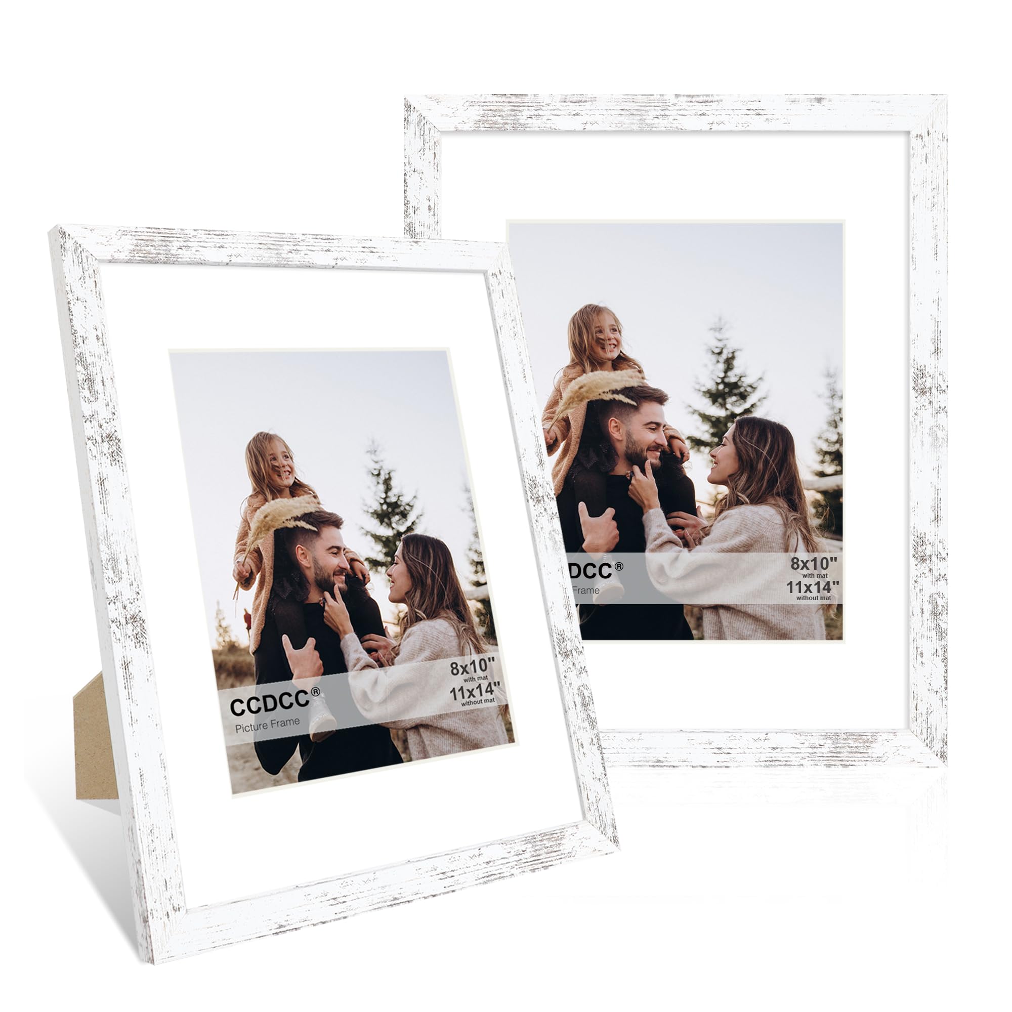 11x14 Picture Frame Set of 2, Wood Photo Frames with Mat for 8x10, Distressed White
