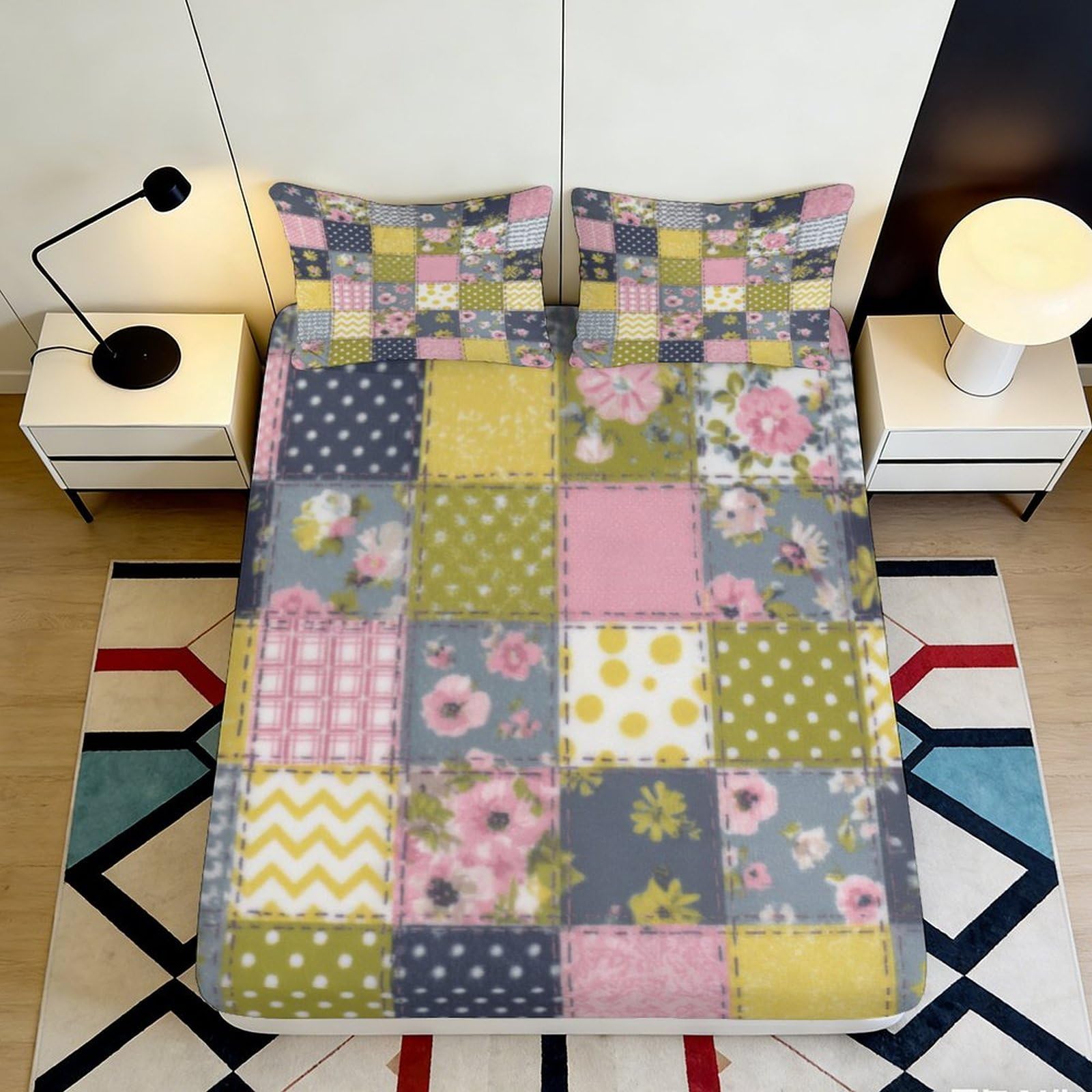 Dhbaneiok Style-7 3D Printed Patchwork Floral Fitted Sheet Microfiber Soft Breathable Geometric Mattress Cover Bedroom Decor 90X200x25cm