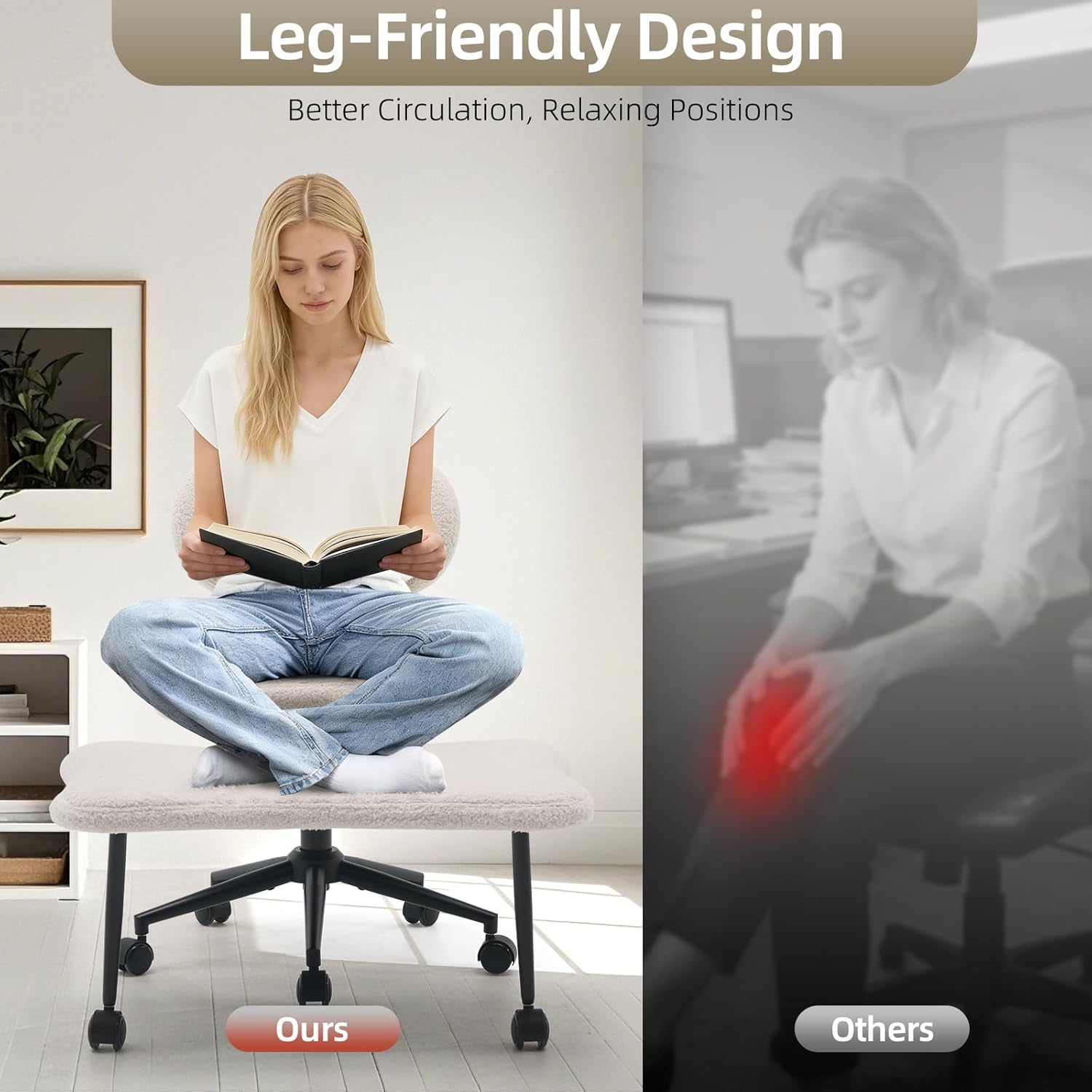 Ergonomic Cross Legged Chair, 360° Swivel Meditation Chair with Wheels, Height Adjustable Seat for Meditation, ADHD & Yoga, Teddy Fabric Yoga Stool for Home Office, White