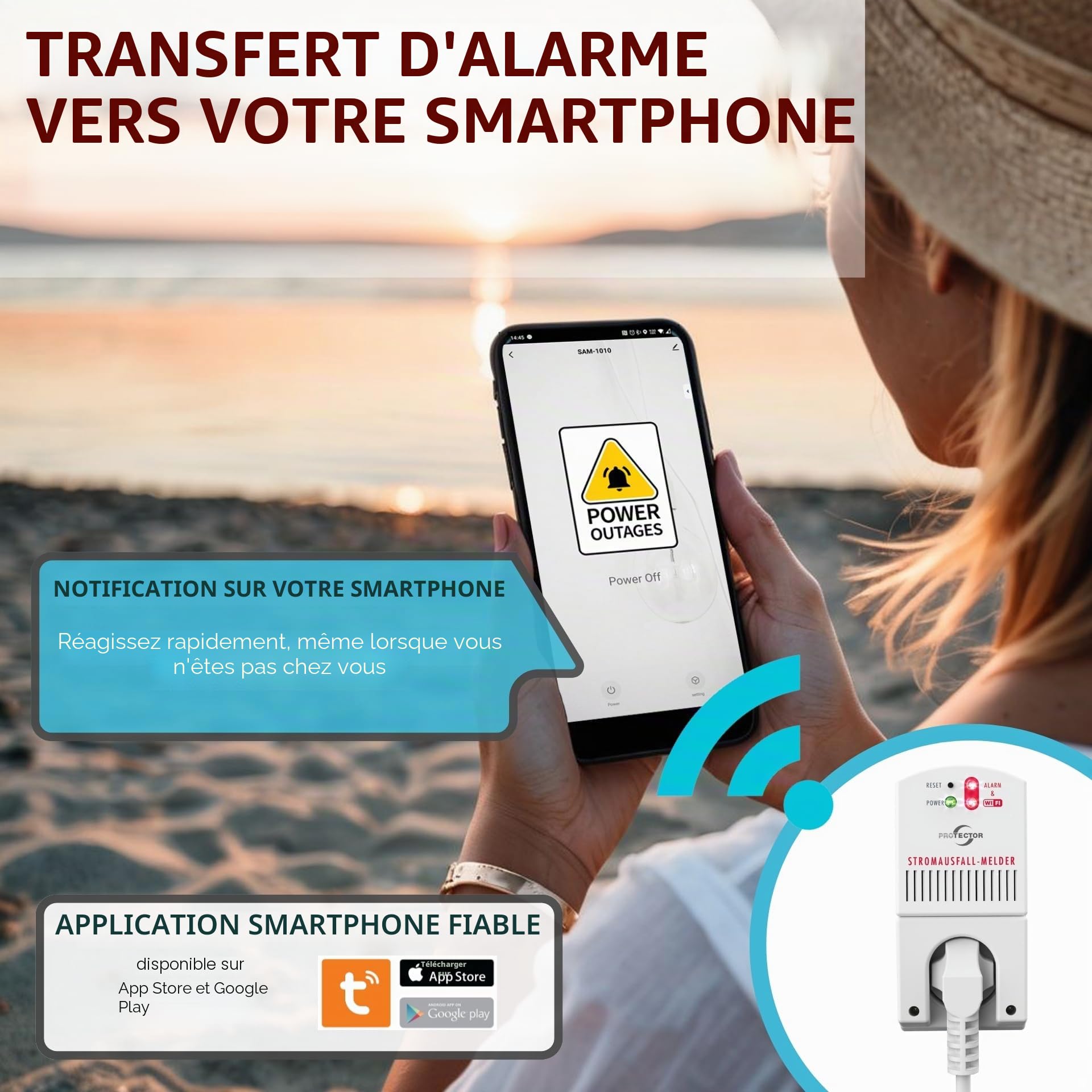 [Nouveau] Protector SAM-1010 - Détecteur de panne de courant, 3500 W avec WiFi et application, tampon d'urgence pendant 12 heures, alarme de courant pour coupure de courant, idéal pour