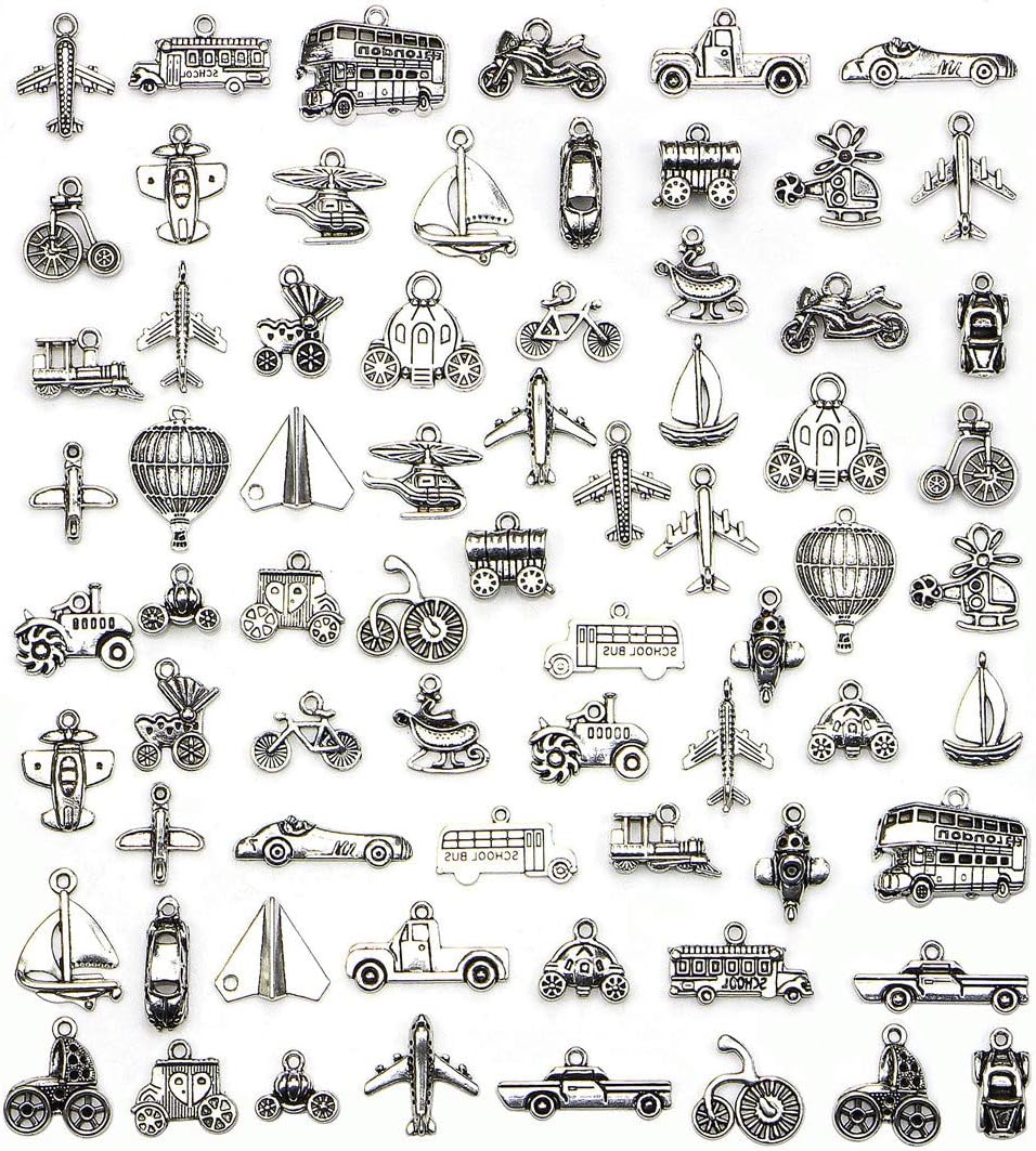 Zhiheng 70 Pcs Wholesale Transportation Tools Theme Bulk Lots Silver Charms Mixed Smooth Tibetan Silver Plated Silver Metal Charms Pendants DIY for Necklace Bracelet Jewelry Making and Crafting