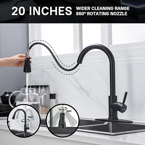 Vista 27 de WEWE Grifo de cocina en cascada con rociador extraíble, 3 modos (barrido/corriente/cascada) modo de interruptor giratorio, grifo de fregadero