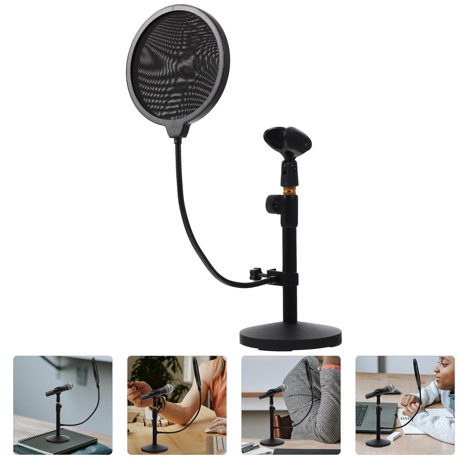 GLEAVI Soporte para Micrófono de Mesa Ajustable Negro 290-395mm con Clip y Filtro Antipop para Podcast Grabación y Streaming Profesional