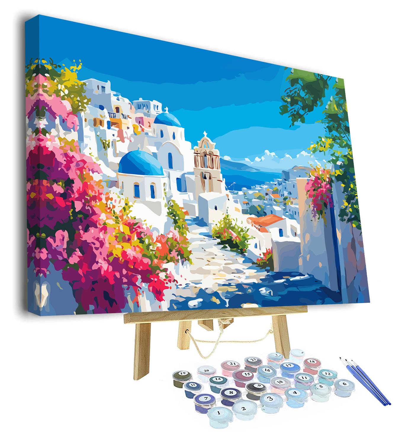 TISHIRON Paint by Numbers Kit for Adults, Color by Numbers for Adults - Greek Island Scene with White Buildings and Blue Domes Over Aegean Sea Landscape DIY Painting Kits - 16x20 inch, Framed