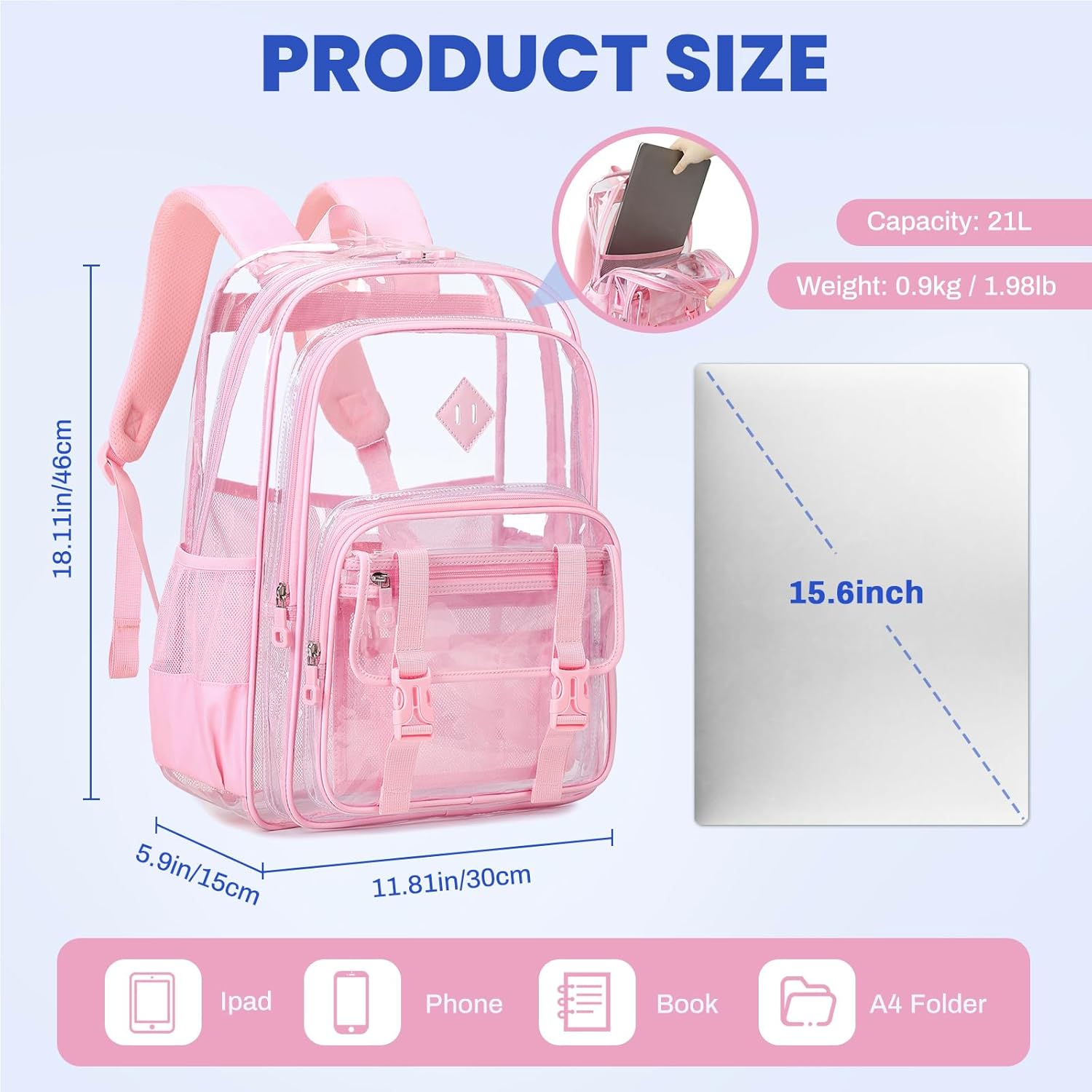Large Clear Backpacks for School Heavy Duty Transparent Backpack for Stadium Event See through Bookbag for Girls Women Thick PVC Back Pack, Pink - Image 2