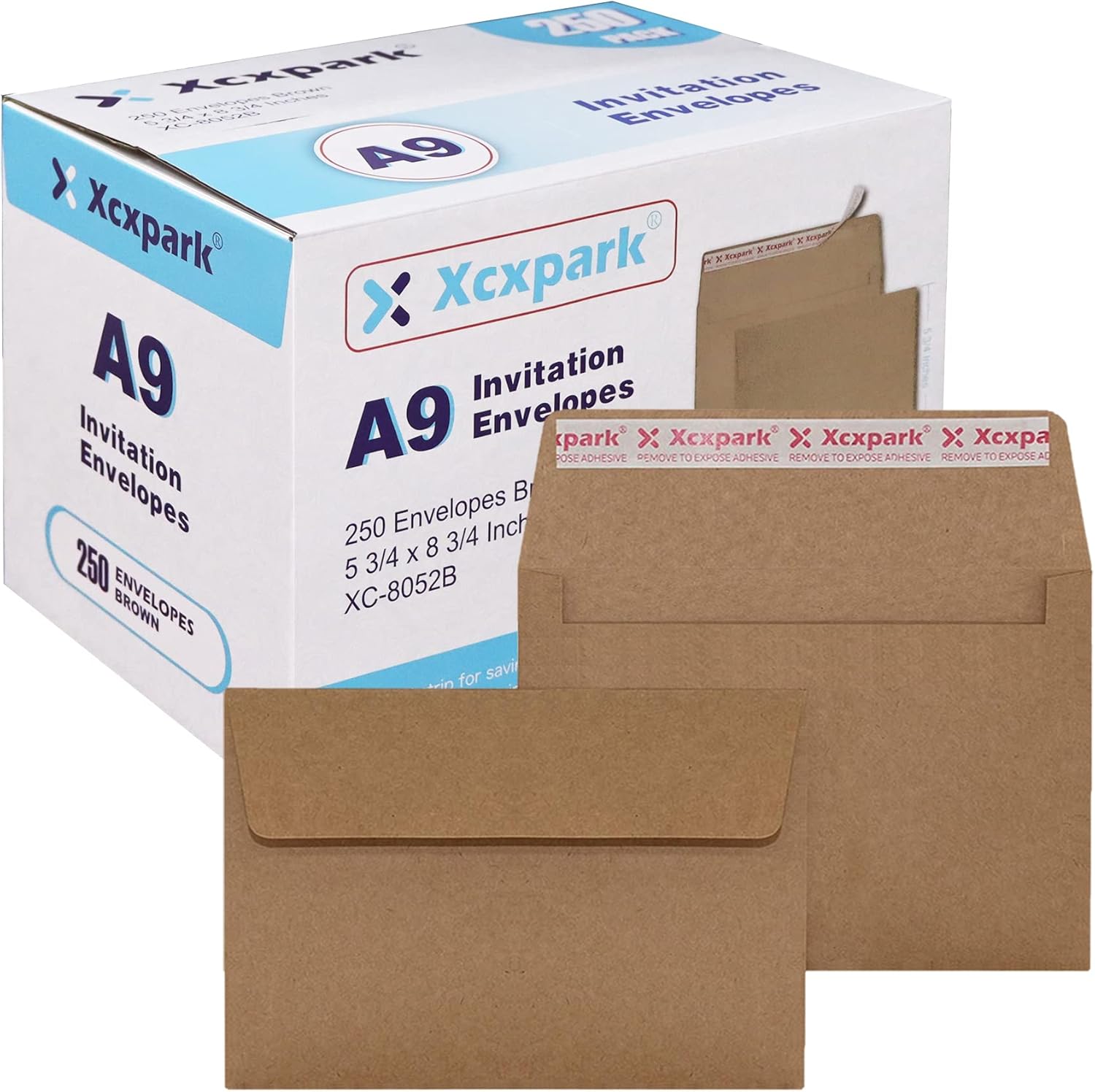 Xxcxpark 250 Qty Printable A9 Invitation Envelopes 5.75 x 8.75 Cards, Self Seal 120GSM Brown Paper Envelopes for Invitations, Papers, Photos, Documents, Wedding, Baby Shower, Easy to Seal and Peel