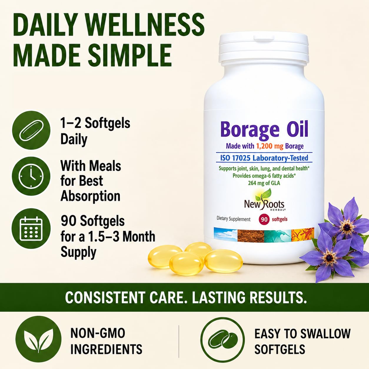 NEW ROOTS HERBAL Borage Seed Oil 1200 mg, GLA Supplement with 264 mg Gamma-Linolenic Acid, 444 mg Linoleic Acid, Cold-Pressed, Hexane-Free, 90 Softgels — Amazon image 7