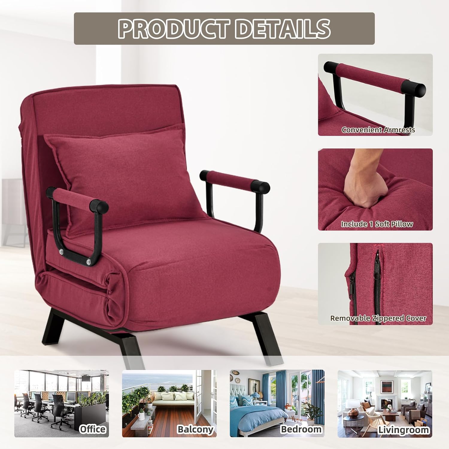 Convertible Sofa Bed Sleeper Chair,Single Person Chaise Lounge Couch with Pillow,Upholstered Lazy Bed with 6 Angles Adjustable Backrest,Folding Sofa Arm Chair for Apartment/Office/Home (Red)