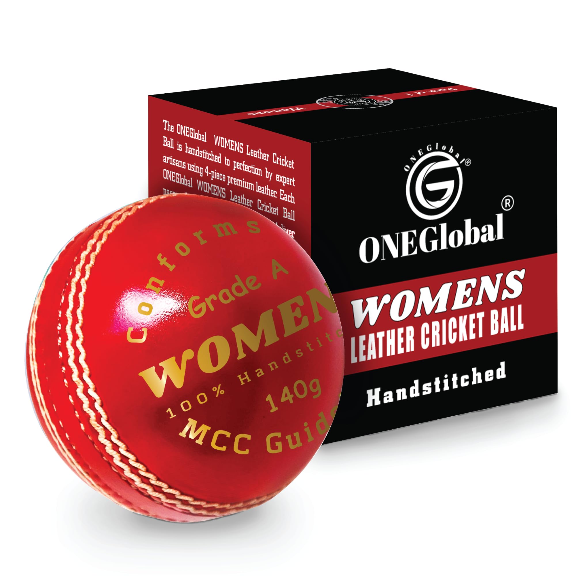 ONEGlobal Supreme Genuine Leather Cricket Ball | Leather Ball with Handstitched Seam | Match Quality Hard Balls for Club & League Matches (5oz Womens, 1-Red)