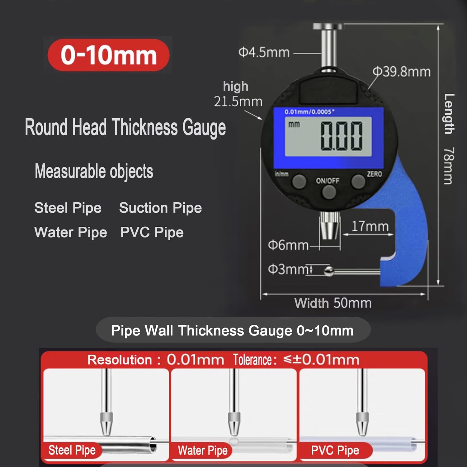 Digital Thickness Gauge Measuring Range 0-10mm0.0005''/0.01 mm with LCD Display Conversion Unit Conversion Thickness Gauge for Plastic Pipes and Steel Pipes Wall Thickness Products etc (YT)