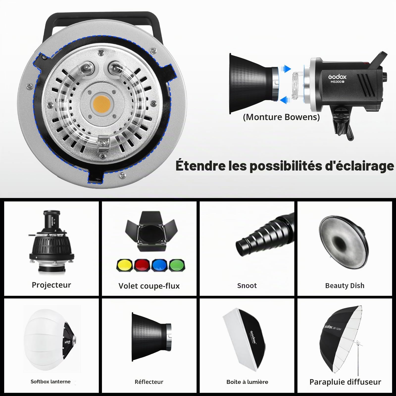 Lot de 2 kits flash GODOX MS300V pour enregistrements en studio, vidéo et portrait, avec trépied à lumière Softbox