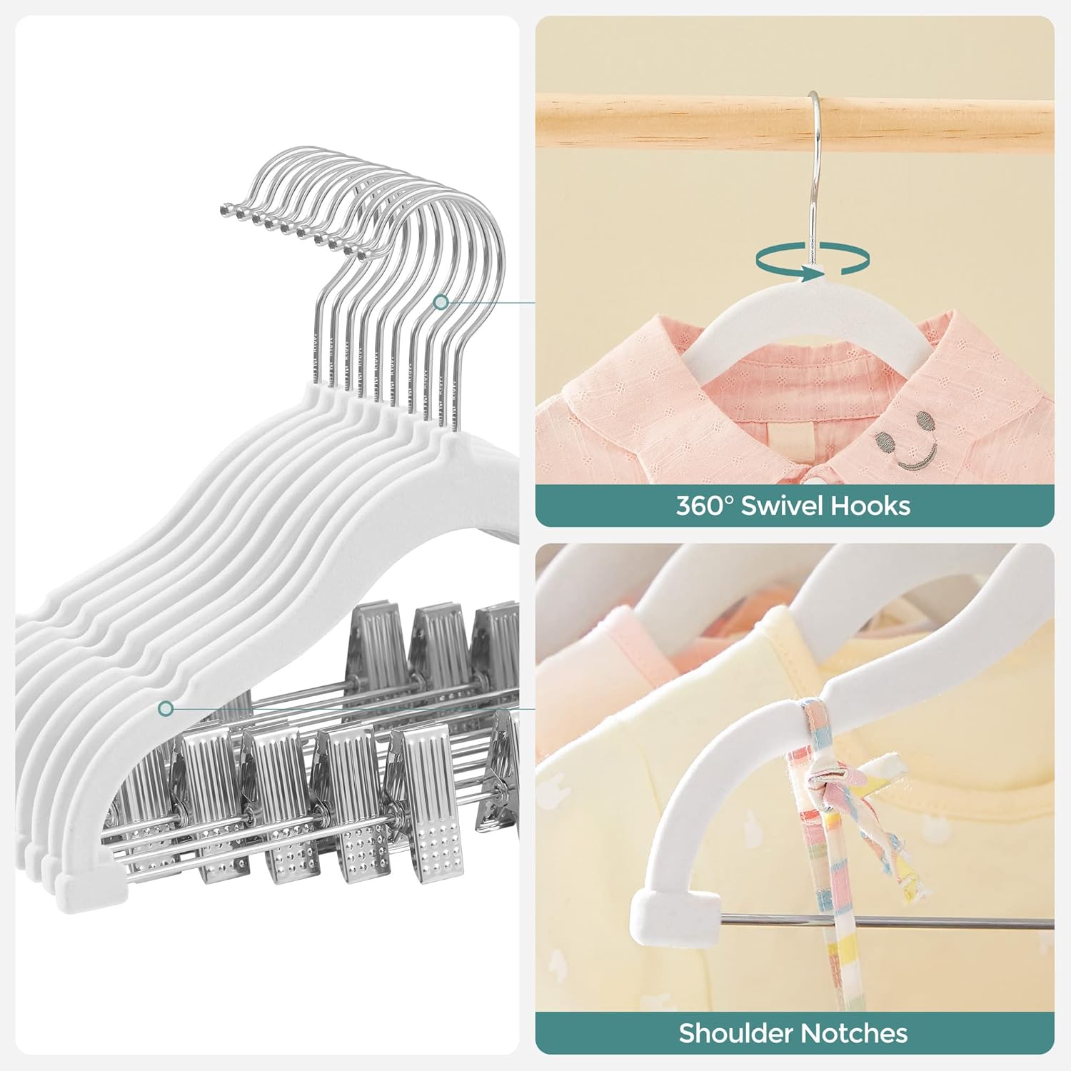 White Velvet Baby Hangers with Clips and Dividers, 30-Pack