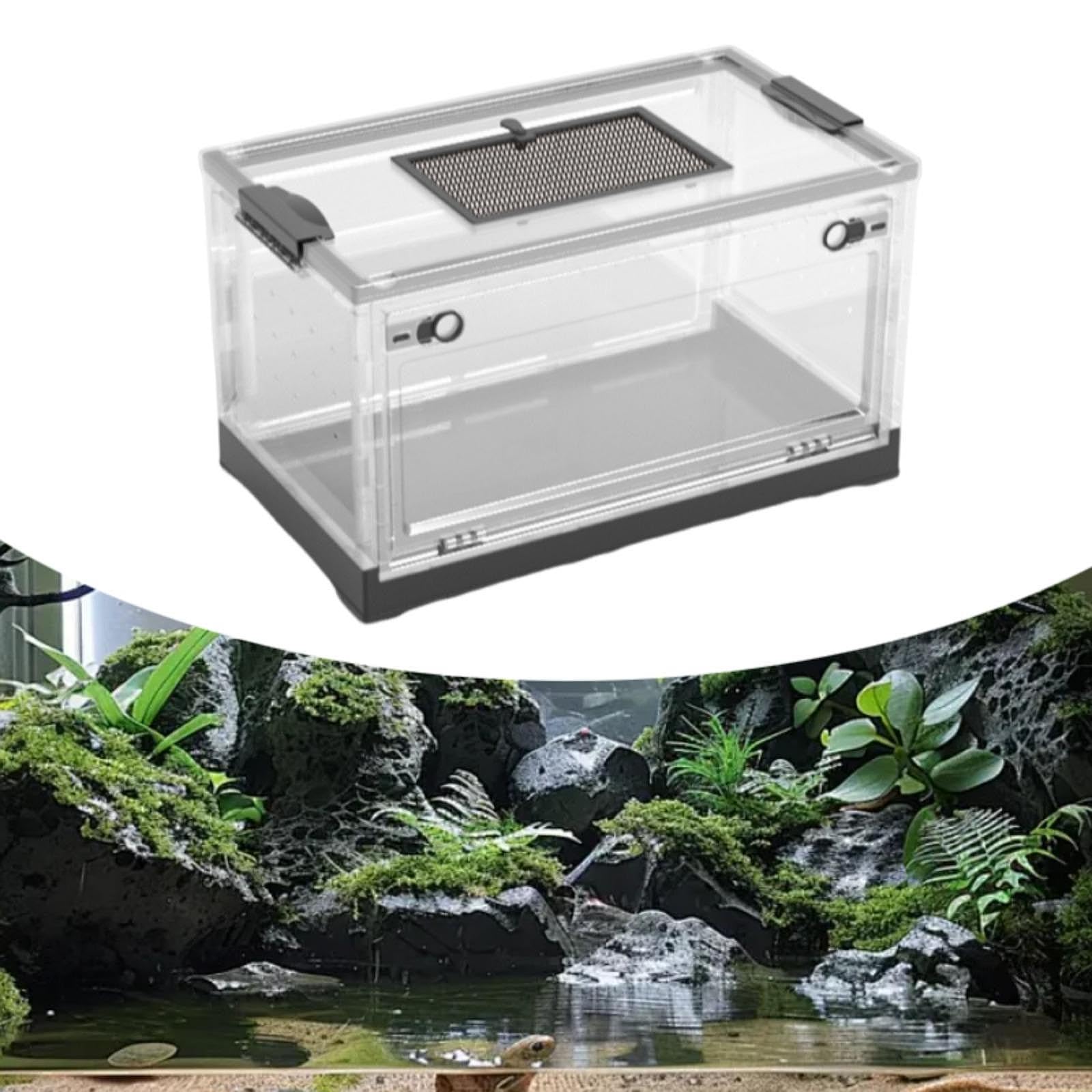 Terrario Transparente para Reptiles con Tapa Deslizante Ventilada, Hábitat Plegable con Frontal, Fabricado en Material Pet/PP, Adecuado para Uso Domés, Black L, Individual