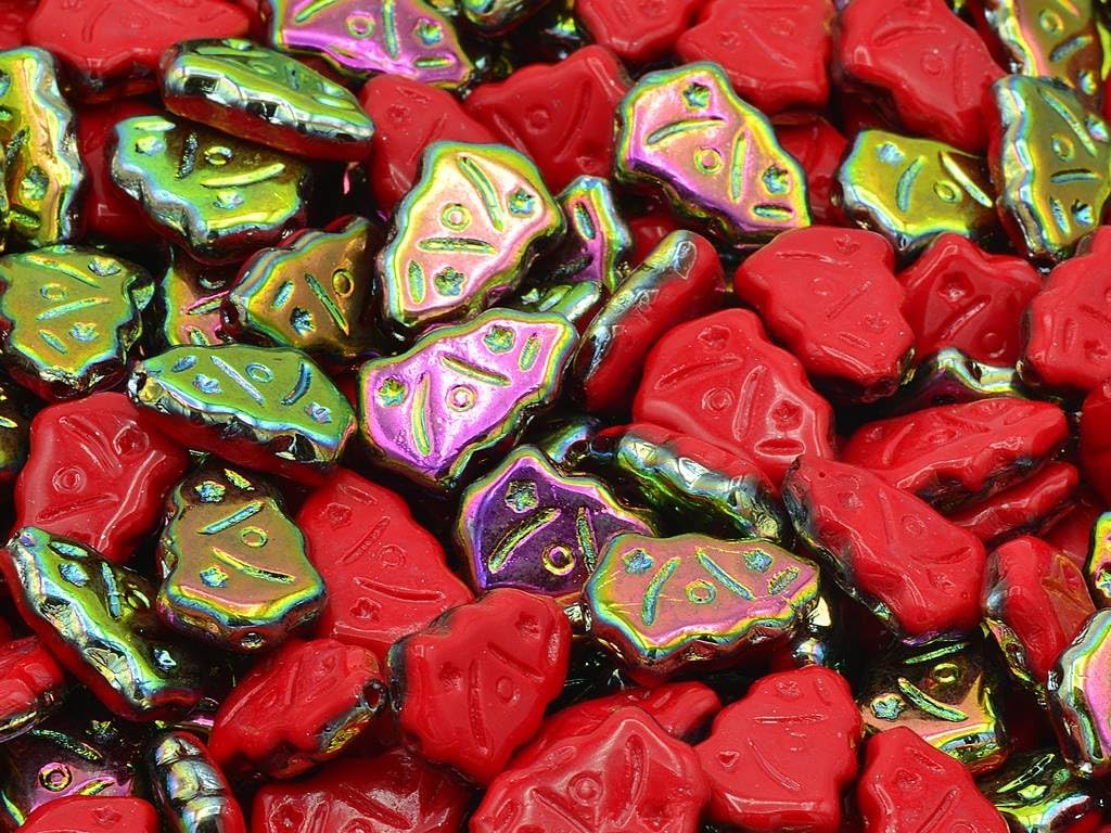 100pcs Christmas Tree Beads, Opaque Red Travertin (93200-86800), Glass, Czech Republic (0.67 x 0.43 inches)