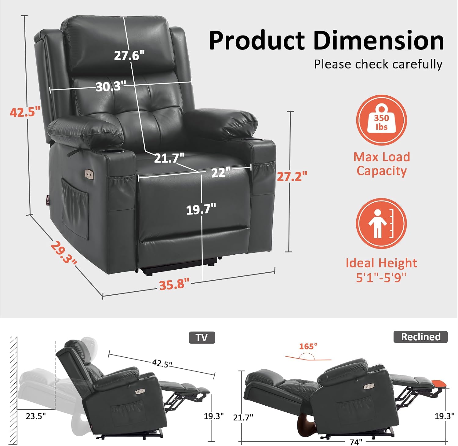 MCombo Lay Flat Triple Motor Power Lift Recliner Chair with Massage and Heat, Electric Recliner Chair for Elderly People, Adjustable Headrest, Infinite Position, Faux Leather 7661 (Dark Grey, Medium)