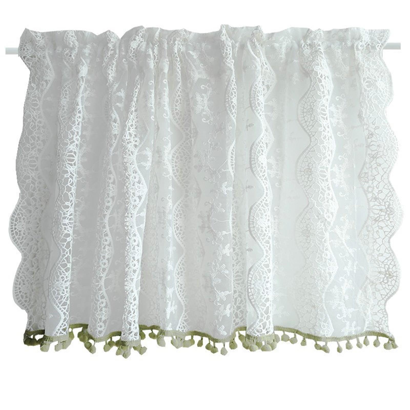 Rideau à pompons vert blanc style américain pour petite fenêtre