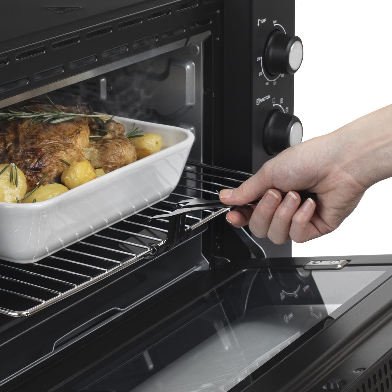H.Koenig Mini Four Compact FO42, Capacité 42L, Température jusqu'à 230°C, 5 Modes de Cuisson, Minuteur jusqu'à 90 min, Chaleur Tournante/Rôtisserie, avec pince, ramasse-miette et tournebroche, 2000W