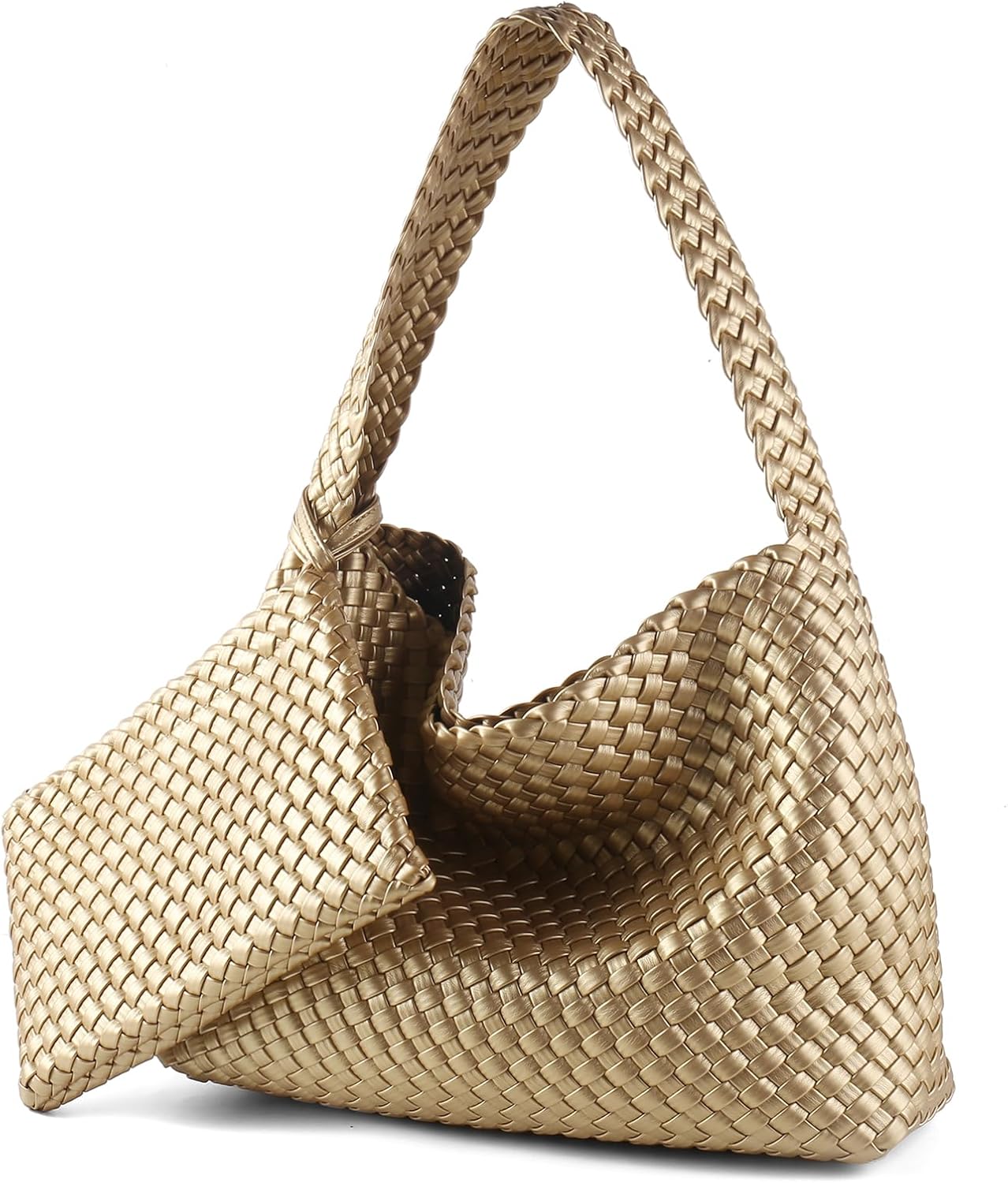 Women Vegan Leather Hand-Woven Tote Handbag Fashion All-Match Underarm Bag with Purse Soft Summer Hobo Tote Bag