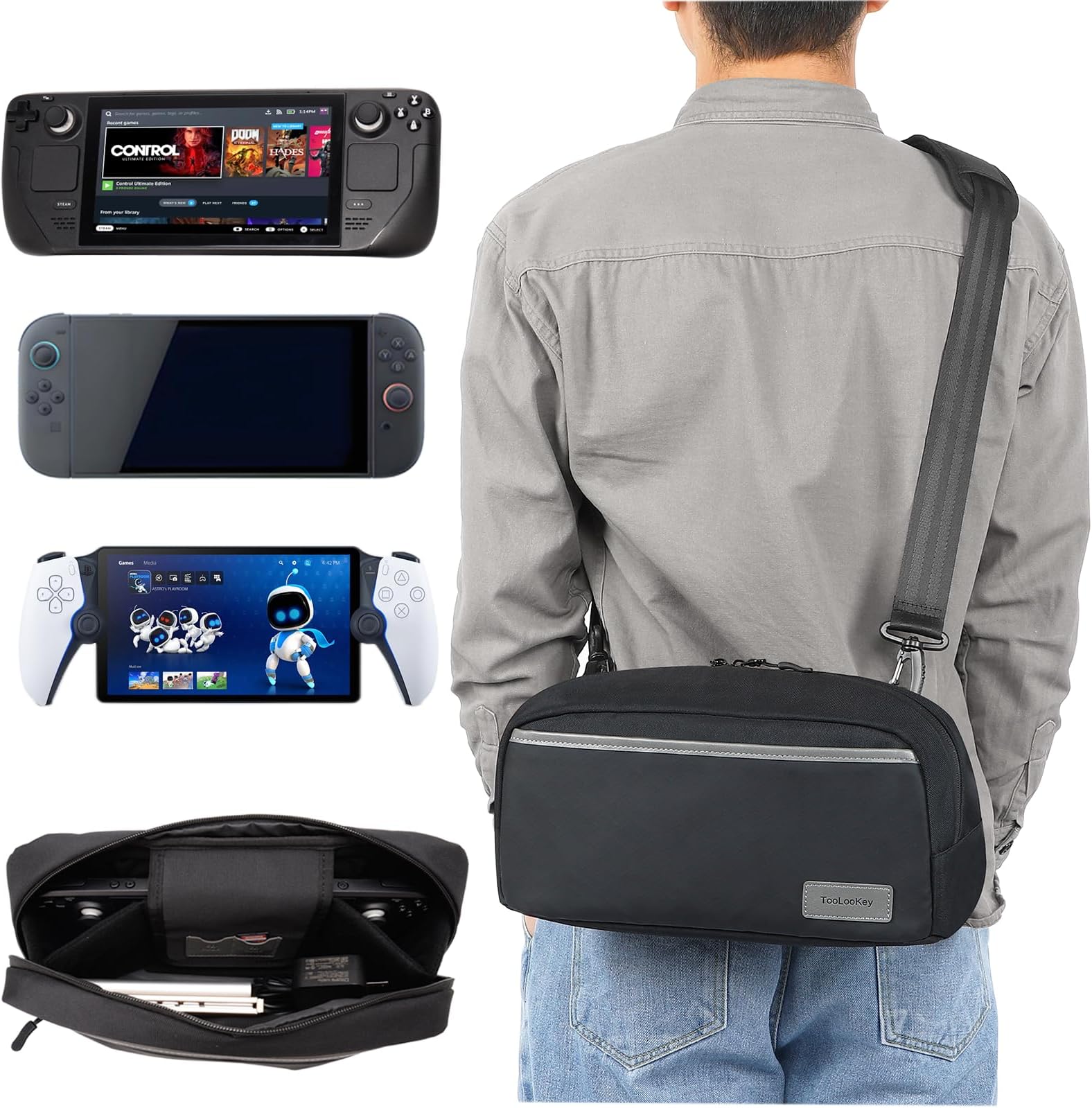 Carrying Case Travel Bag for Nintendo Switch 2 2025/Switch 1/Steam Deck/OLED/PlayStation Portal, Protective Crossbody Bag for Lenovo Legion Go/ASUS ROG Ally/X Console & Accessories Storage