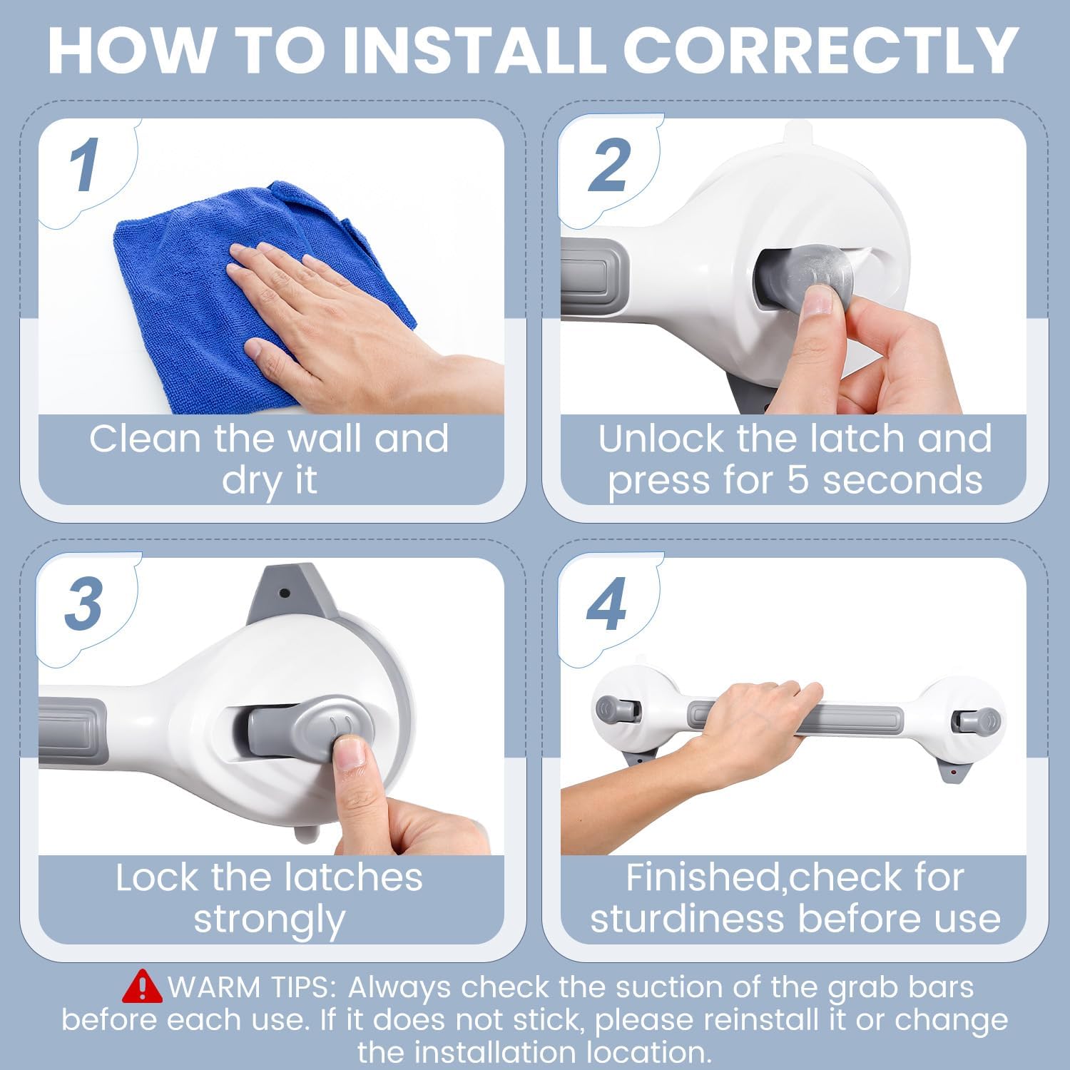 Grab Bars for Bathtubs and Showers, 16.5 Inch Handicap Shower Handle Safety with Indicators, No-Drill Bathroom Suction Cup Grab Bar for Shower Chair Stool, Seniors, Elderly (2 Pack)