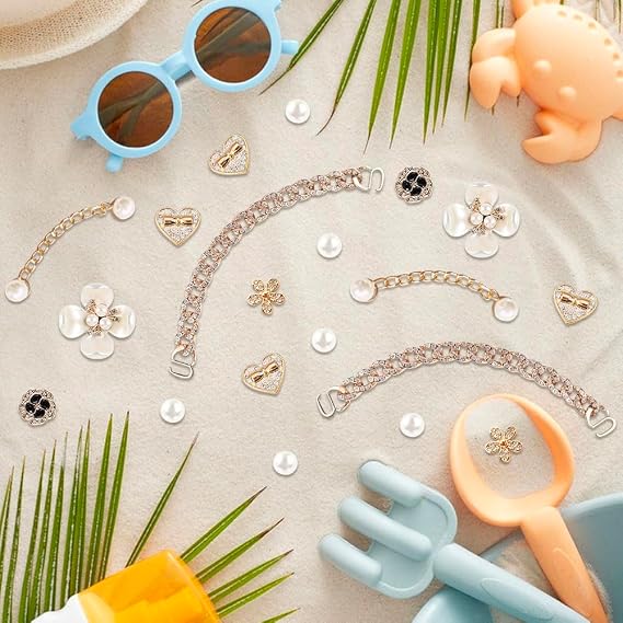 Charms for Bogg Bag, Butterfly Flowers Pearls and Bling Chain Set for Rubber Tote Bag Compatible with Simply Southern Beach Bag Tote Insert for Beach Tote Bag