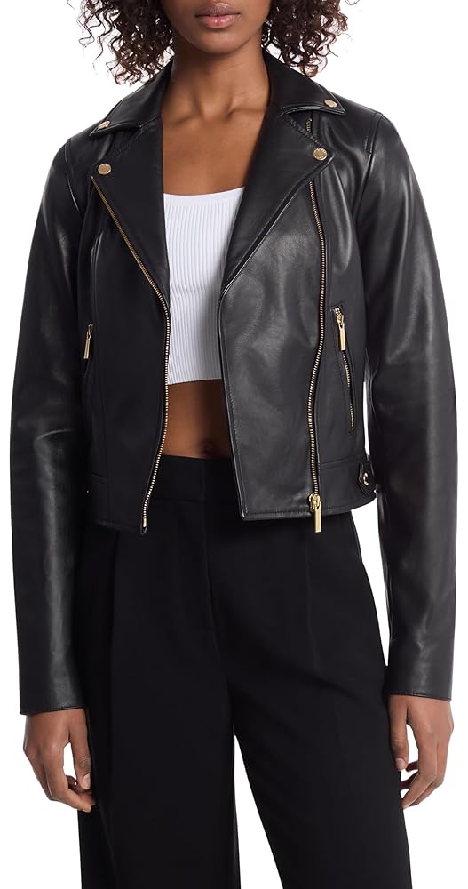 Michael Korsレザーライダースジャケット ブラック Michael Kors Women's Leather Moto Jacket, Black, XS at