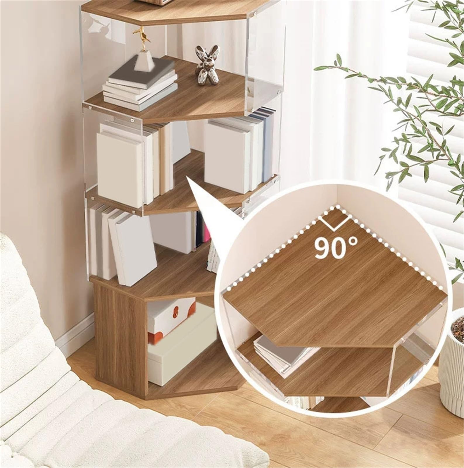 Vitrinenregale Mehrzweck-Bücherregal mit 4 Ebenen aus Acryl und Holz for die Wohnzimmerecke freistehend