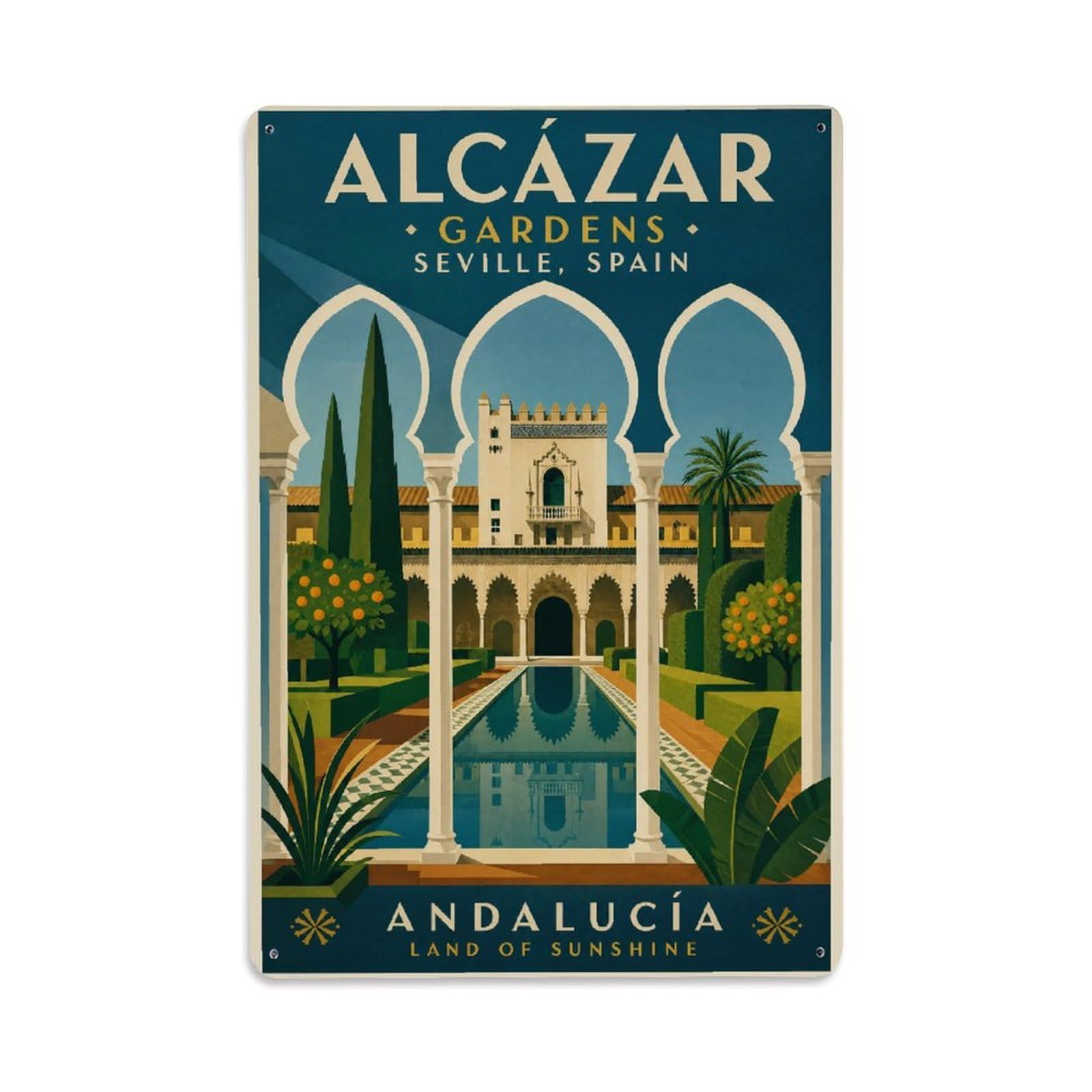 Yrnq 08X12inch Vintage Style Vintage Alcazar Gardens Courtyard Arches Moorish Spain Metal Tin Sign