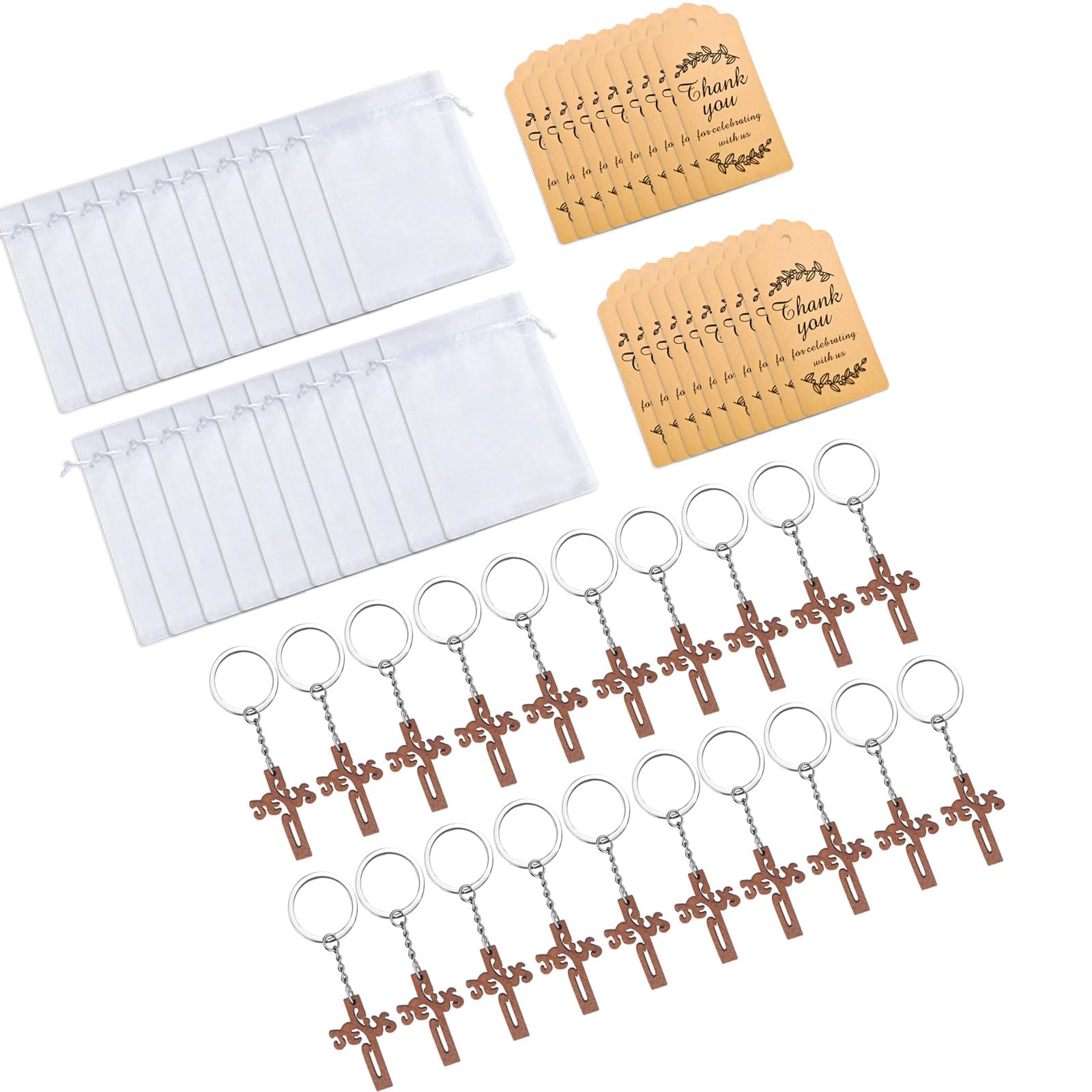 Tsophreniq 20PCS Crucifix Keychain Favor Wooden Sign Keyring for Religious Ceremonies Natural Feel Small Gifts