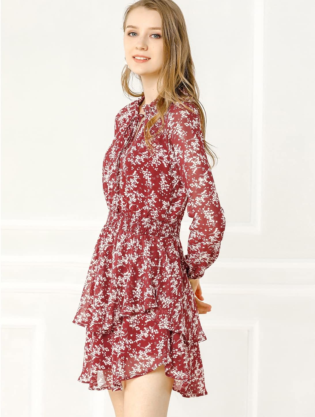 Allegra K Women's Ruffled Floral Smocked Waist Layered Tiered Chiffon Dress - Image 3