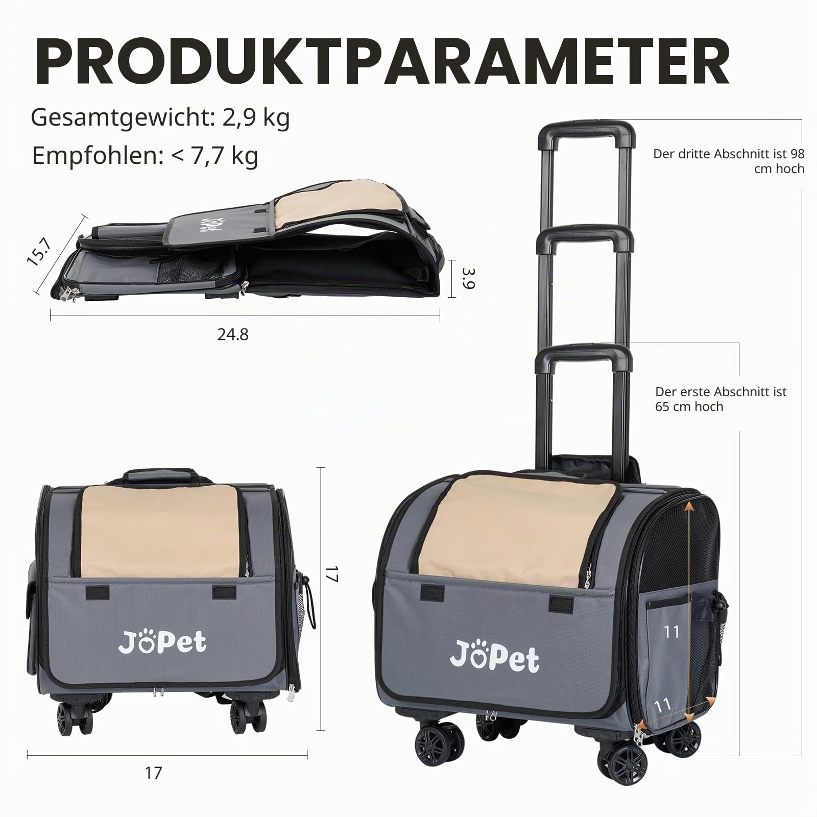 Haustiertasche Tragetasche mit Rollen, Haustierrucksack mit Rollen, kleine Hundetragetasche, Katzentragetasche, abnehmbare Räder, Reisetasche, Haustierwagen, weiche Seitentrage mit Rollen,